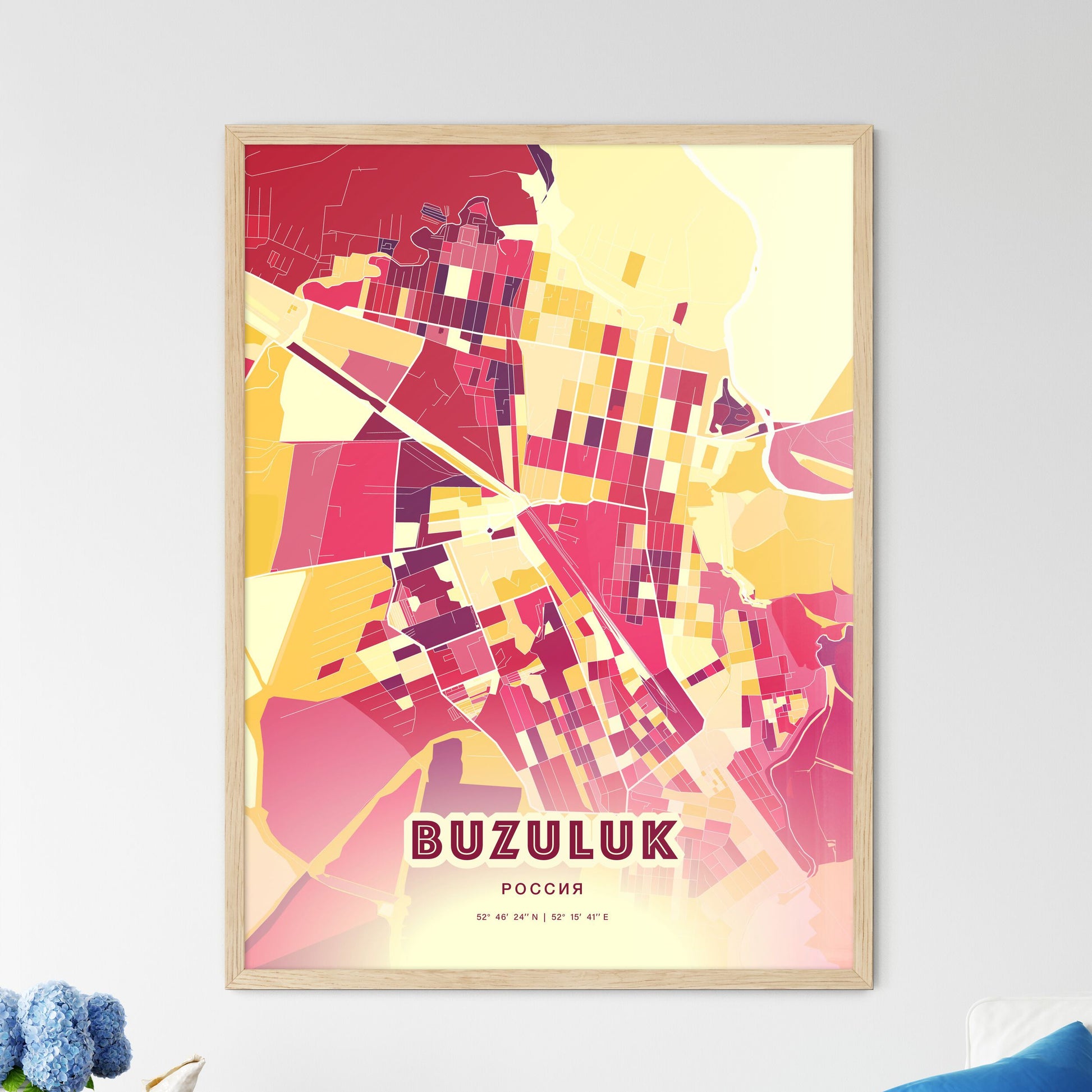 Colorful BUZULUK RUSSIA Fine Art Map Hot Red