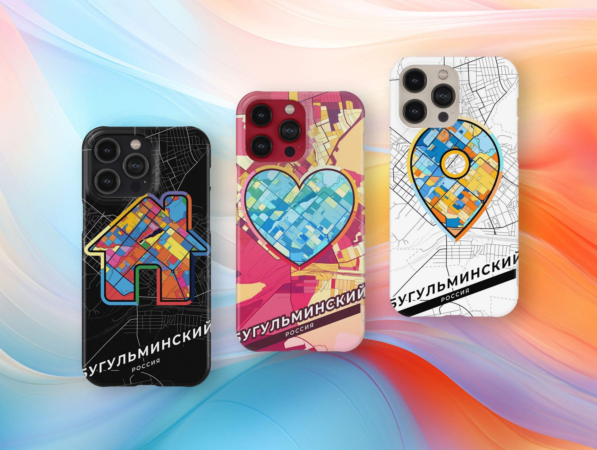 Bugulma Russia slim phone case with colorful icon. Birthday, wedding or housewarming gift. Couple match cases.