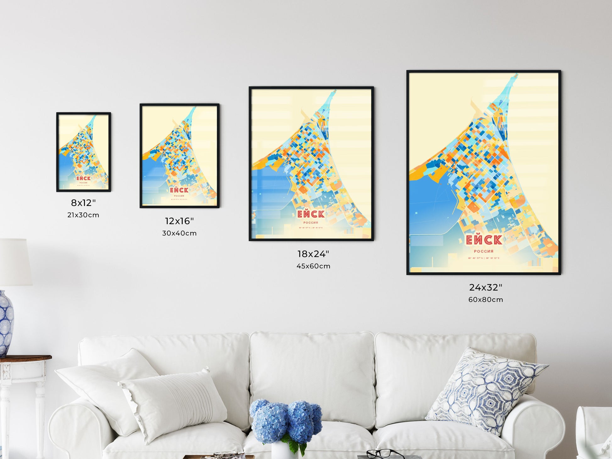 Colorful YEYSK RUSSIA Fine Art Map Blue Orange