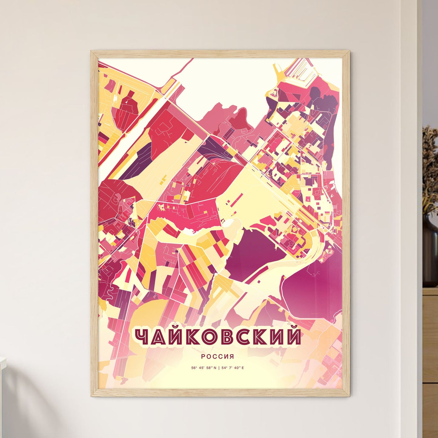 Colorful CHAYKOVSKY RUSSIA Fine Art Map Hot Red