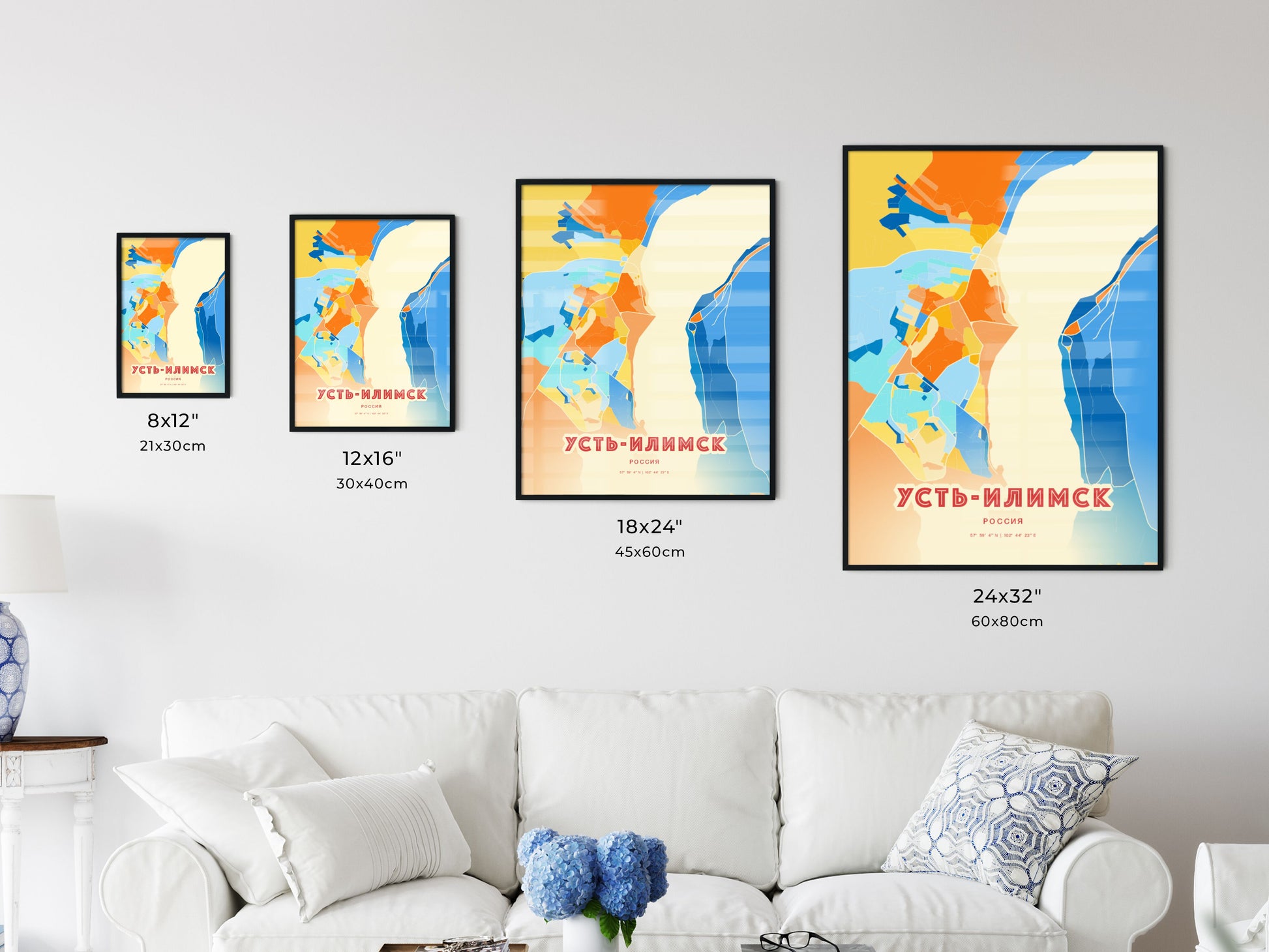 Colorful UST-ILIMSK RUSSIA Fine Art Map Blue Orange