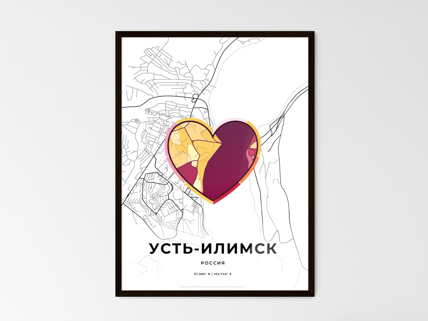 Ust-Ilimsk Russia wedding art map with heart icon