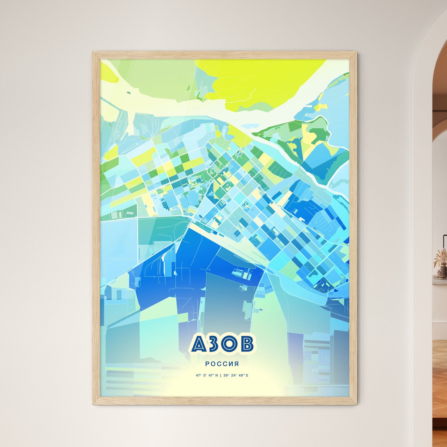 Colorful AZOV RUSSIA Fine Art Map Cool Blue