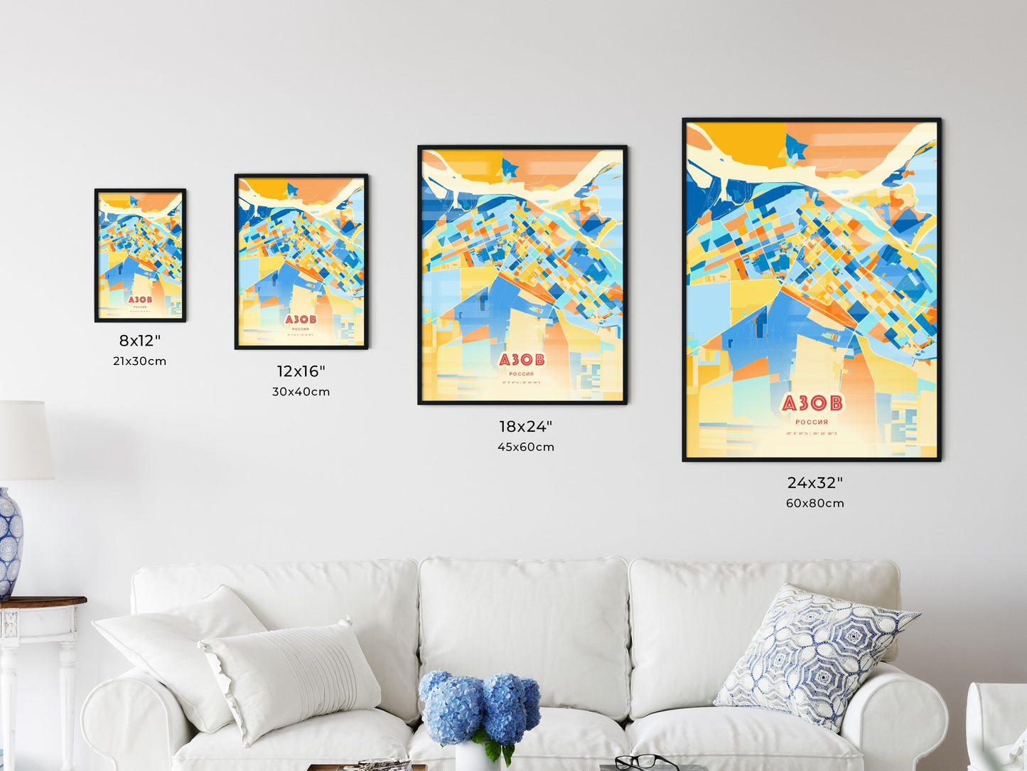 Colorful AZOV RUSSIA Fine Art Map Blue Orange