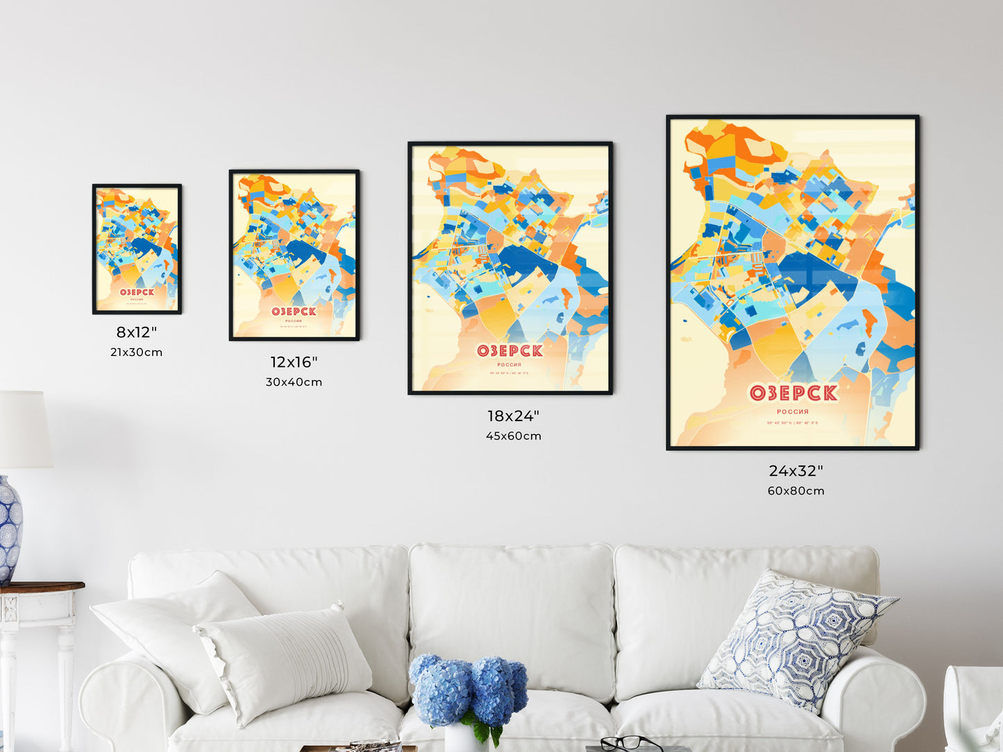 Colorful OZYORSK RUSSIA Fine Art Map Blue Orange