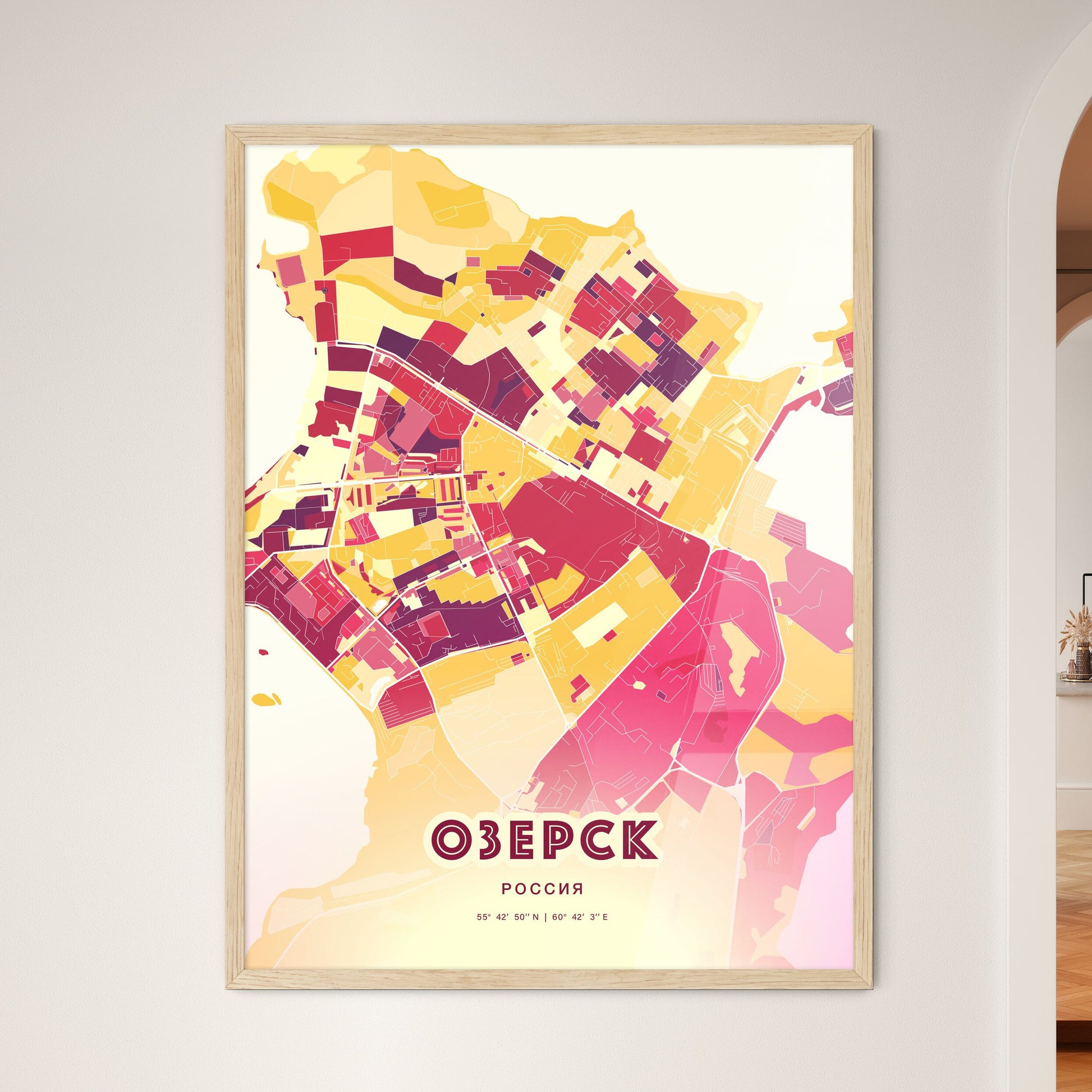 Colorful OZYORSK RUSSIA Fine Art Map Hot Red