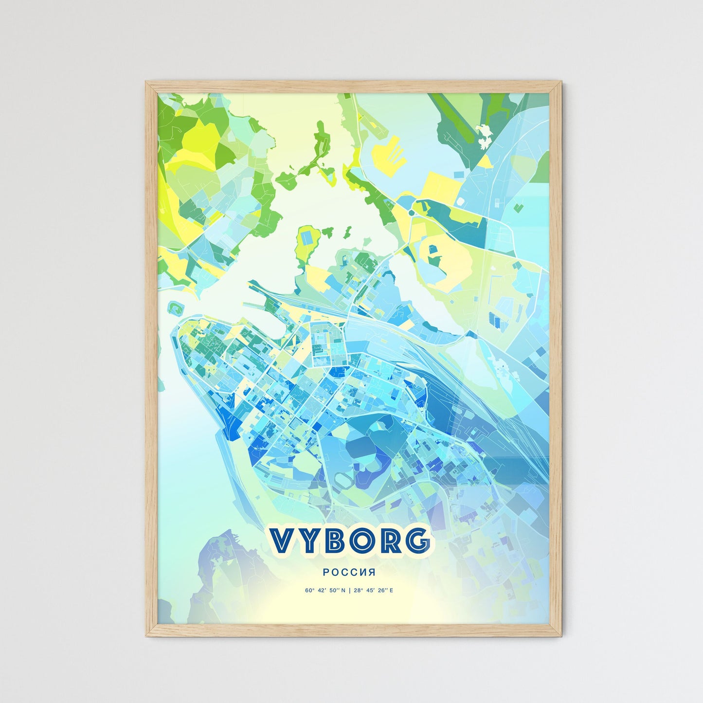 Colorful VYBORG RUSSIA Fine Art Map Cool Blue