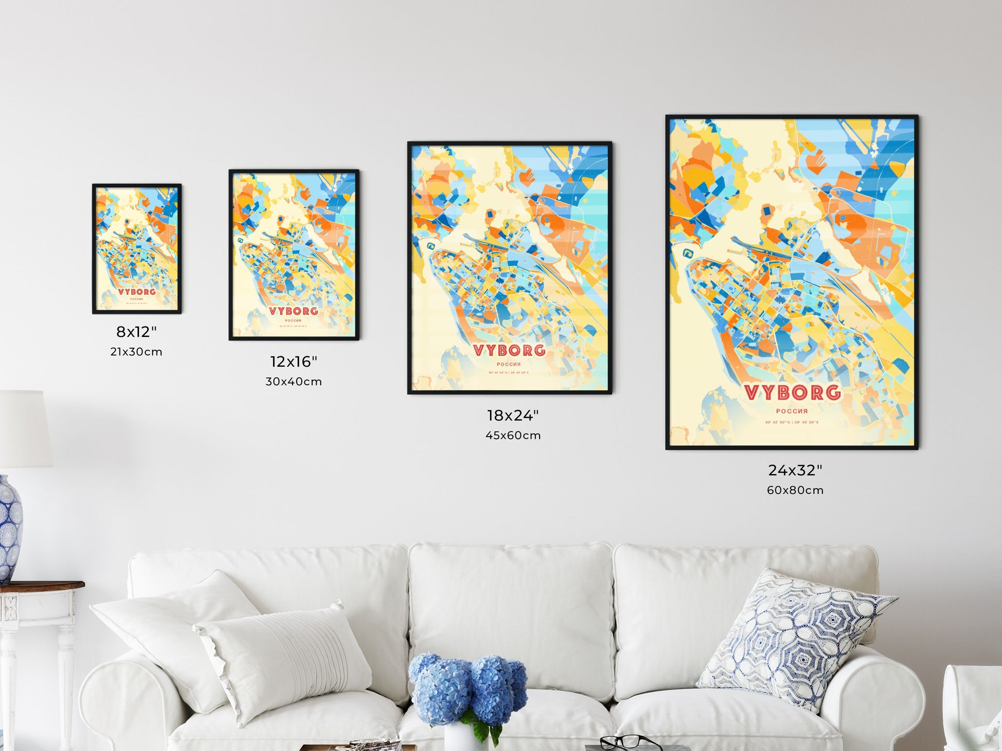 Colorful VYBORG RUSSIA Fine Art Map Blue Orange