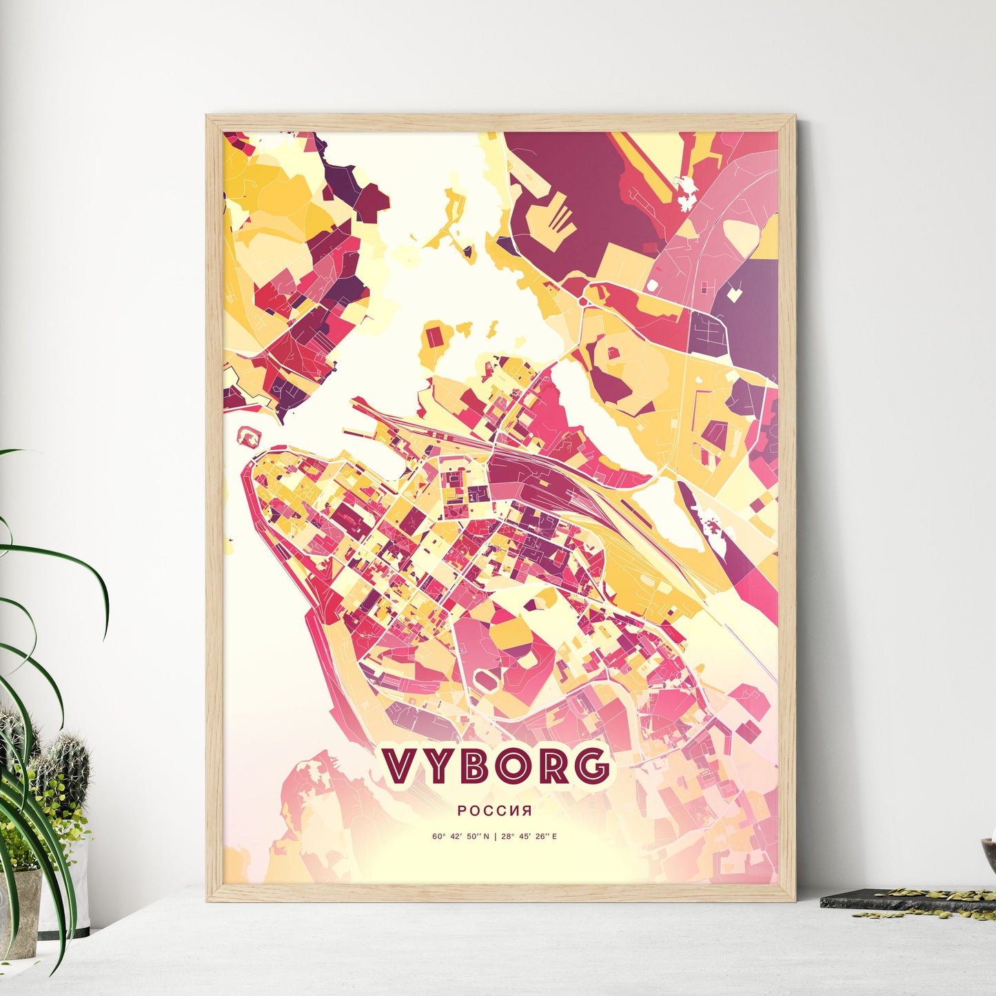 Colorful VYBORG RUSSIA Fine Art Map Hot Red