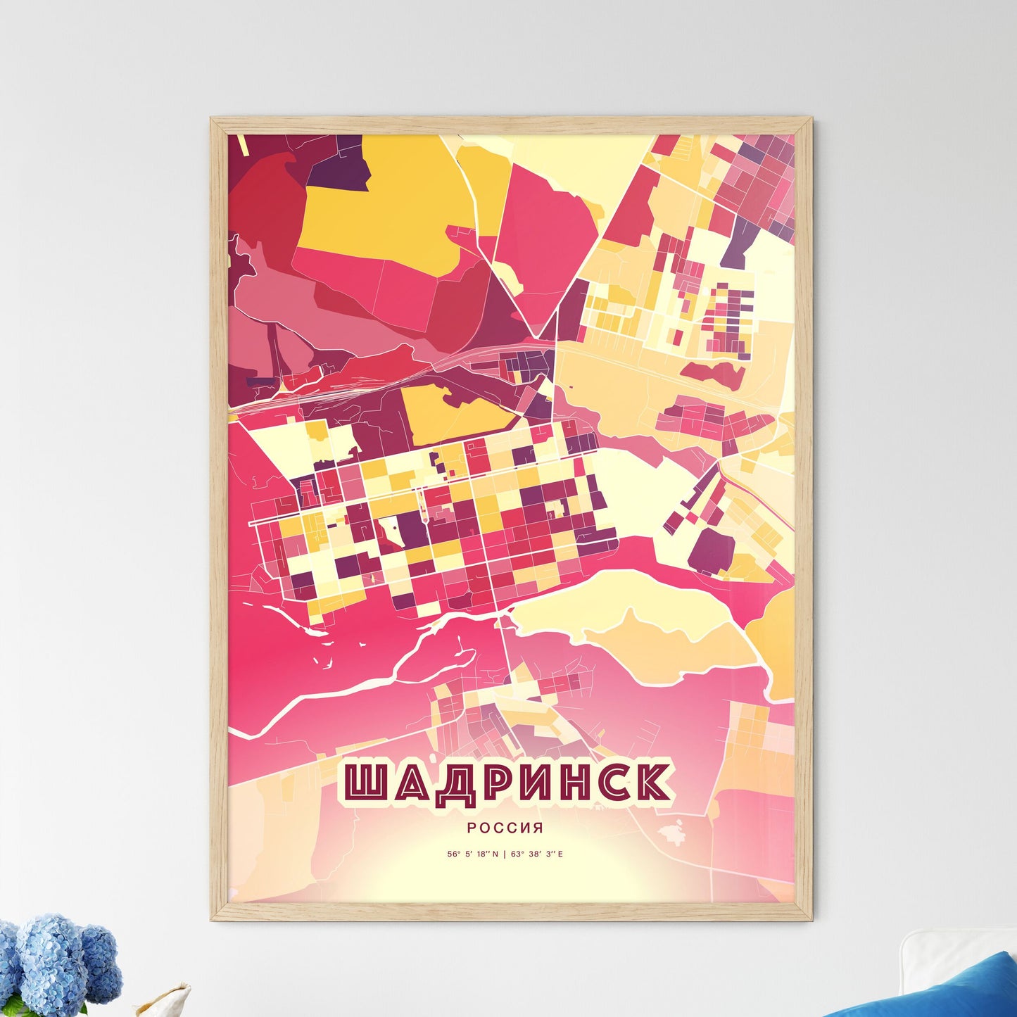 Colorful SHADRINSK RUSSIA Fine Art Map Hot Red