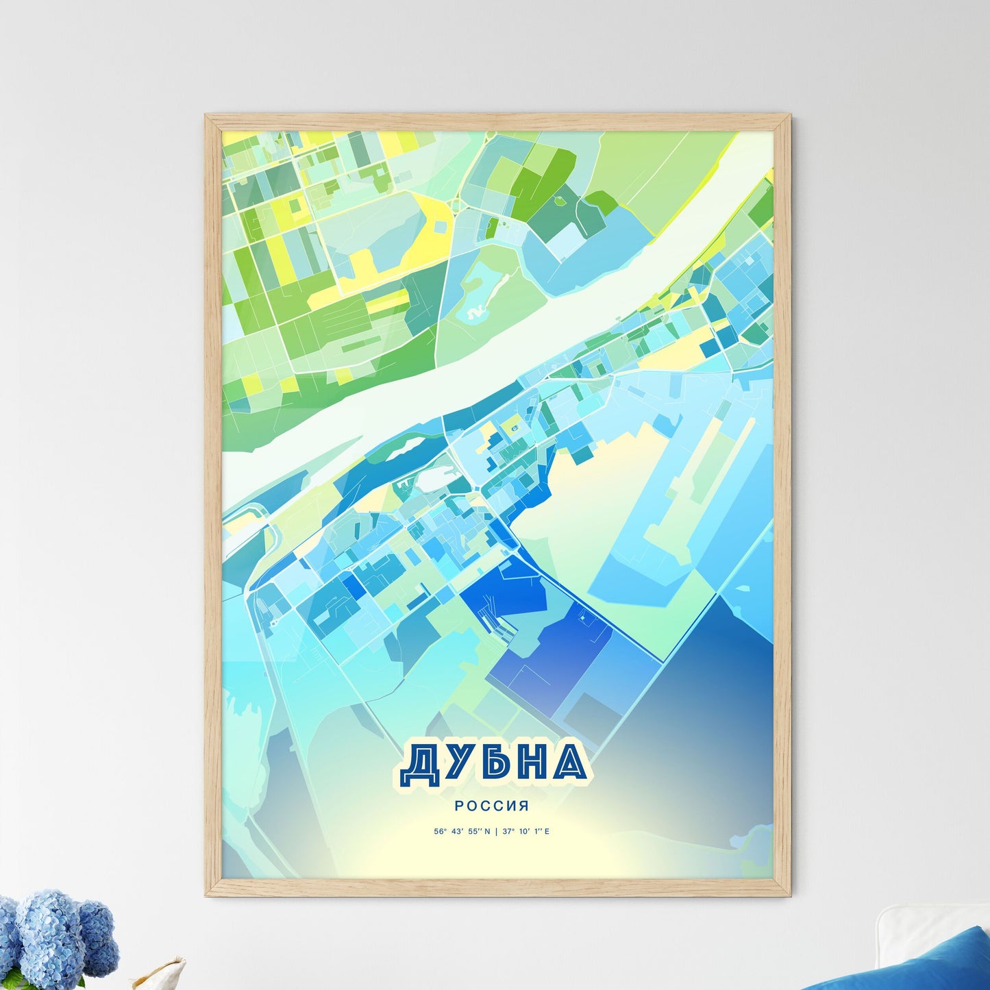 Colorful DUBNA RUSSIA Fine Art Map Cool Blue