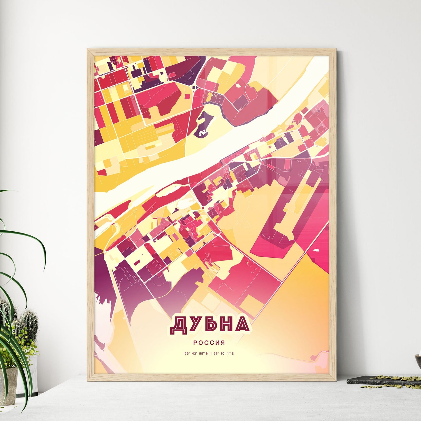 Colorful DUBNA RUSSIA Fine Art Map Hot Red