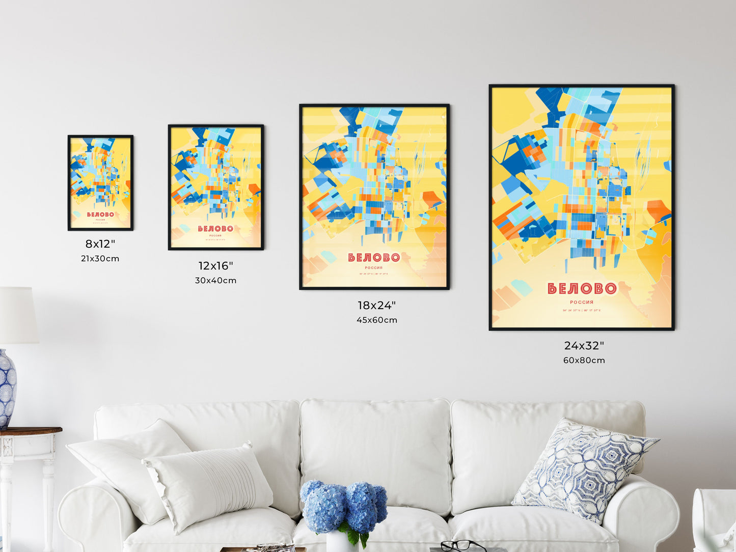 Colorful BELOVO RUSSIA Fine Art Map Blue Orange