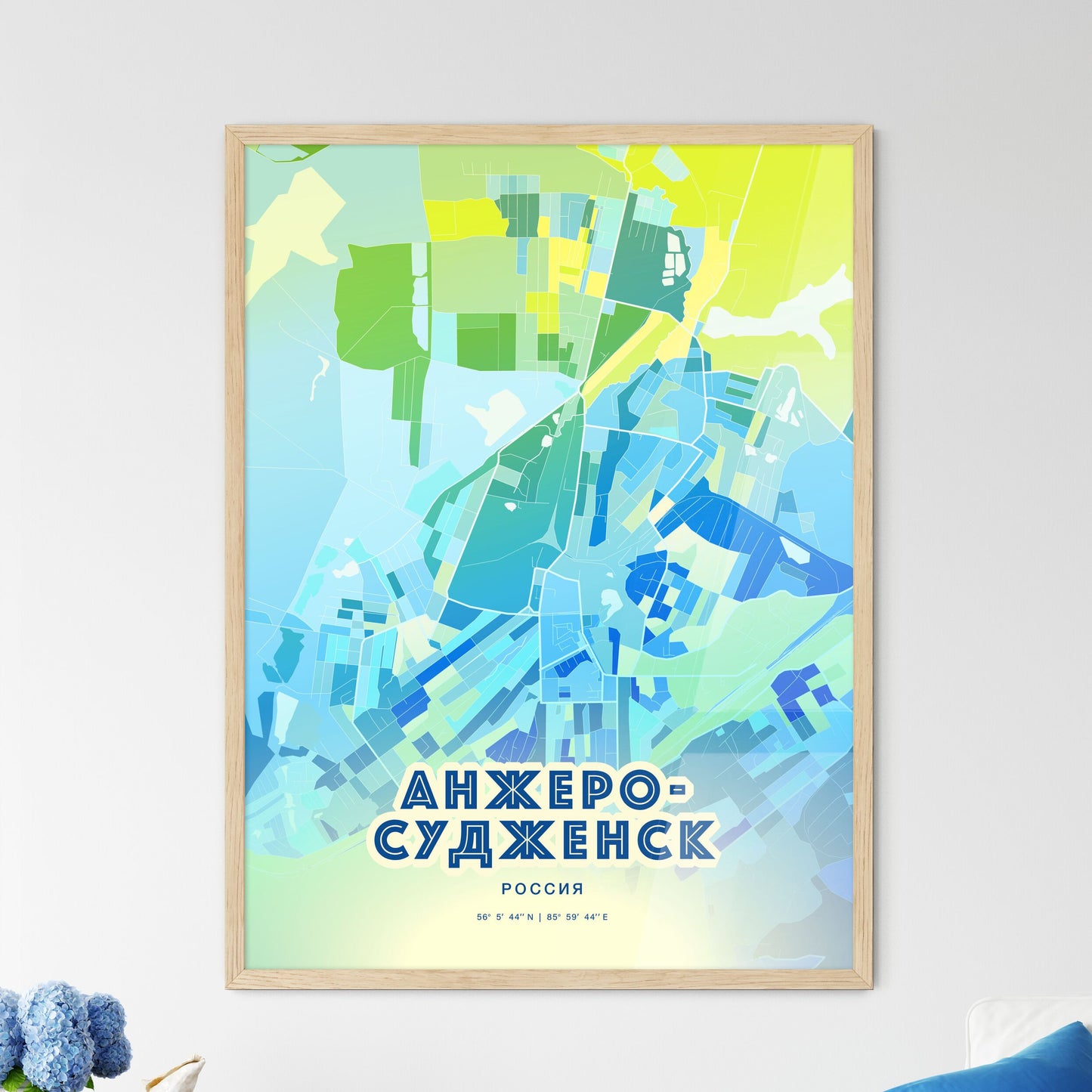 Colorful ANZHERO-SUDZHENSK RUSSIA Fine Art Map Cool Blue