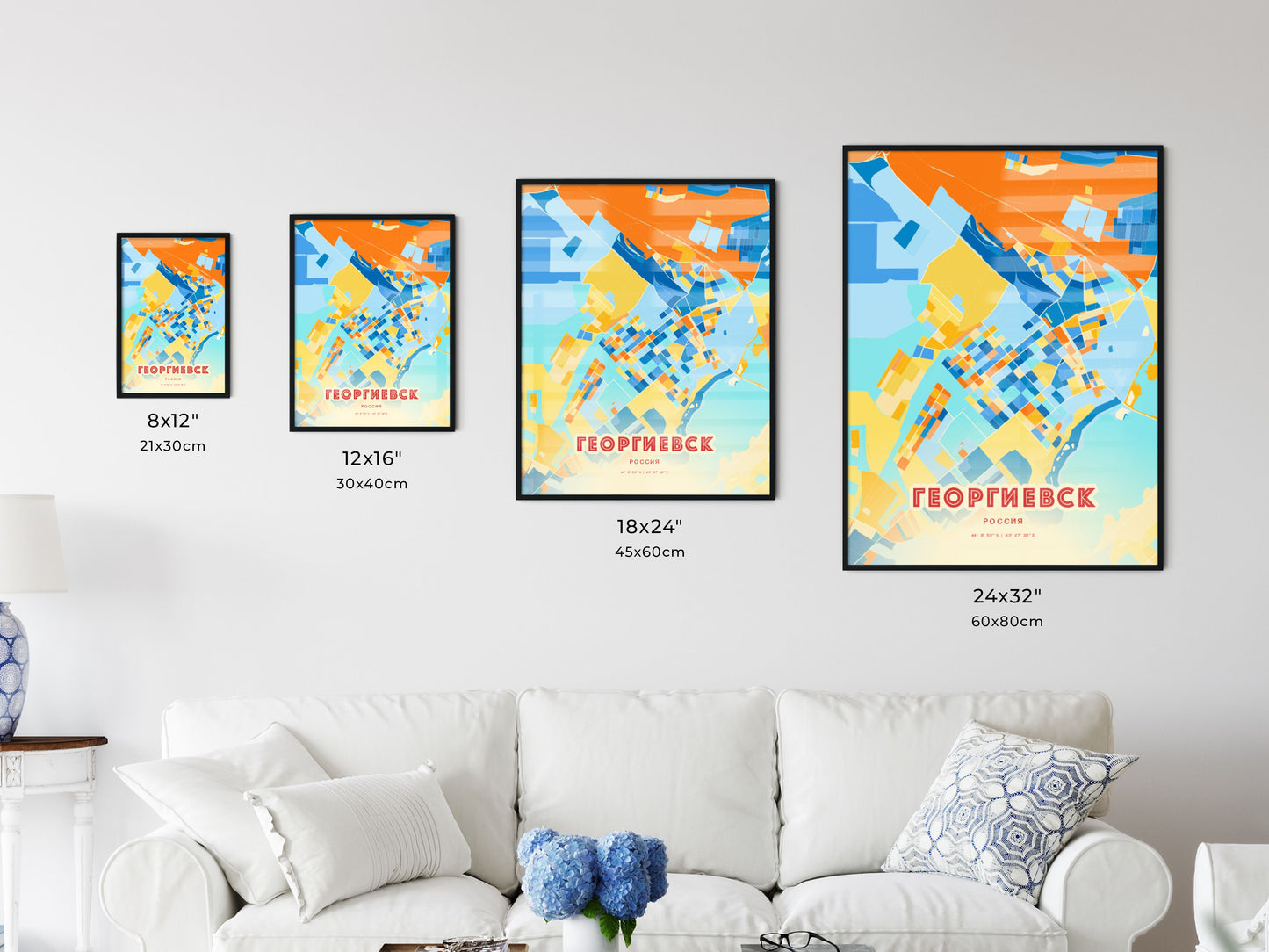 Colorful GEORGIYEVSK RUSSIA Fine Art Map Blue Orange