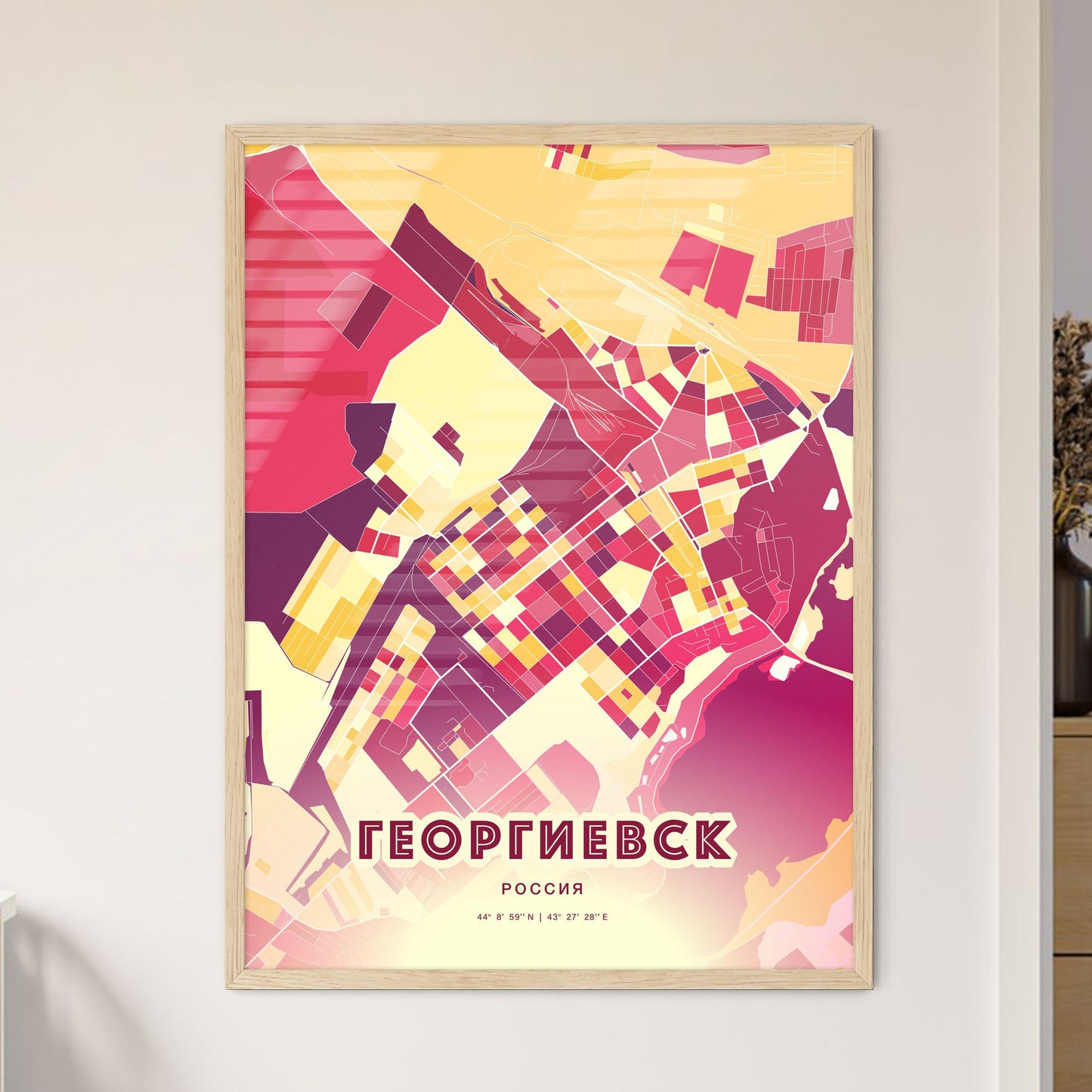 Colorful GEORGIYEVSK RUSSIA Fine Art Map Hot Red