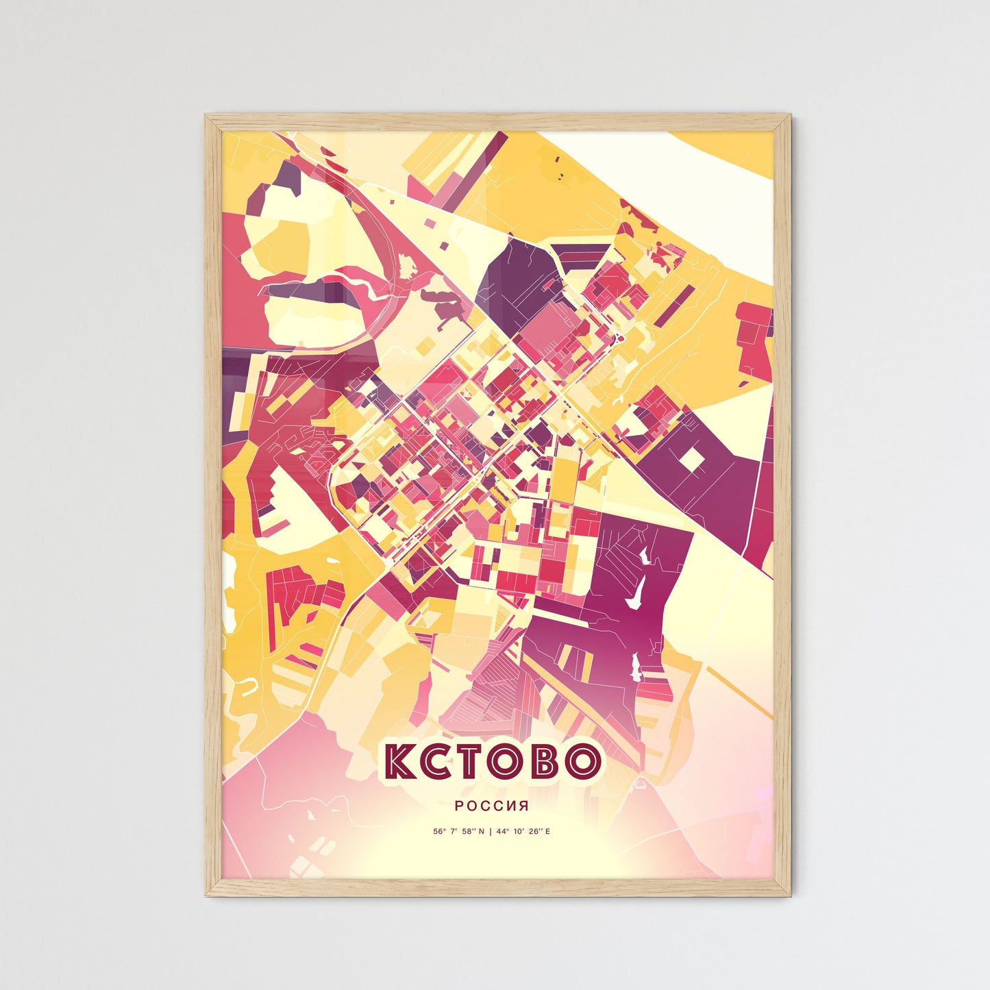 Colorful KSTOVO RUSSIA Fine Art Map Hot Red