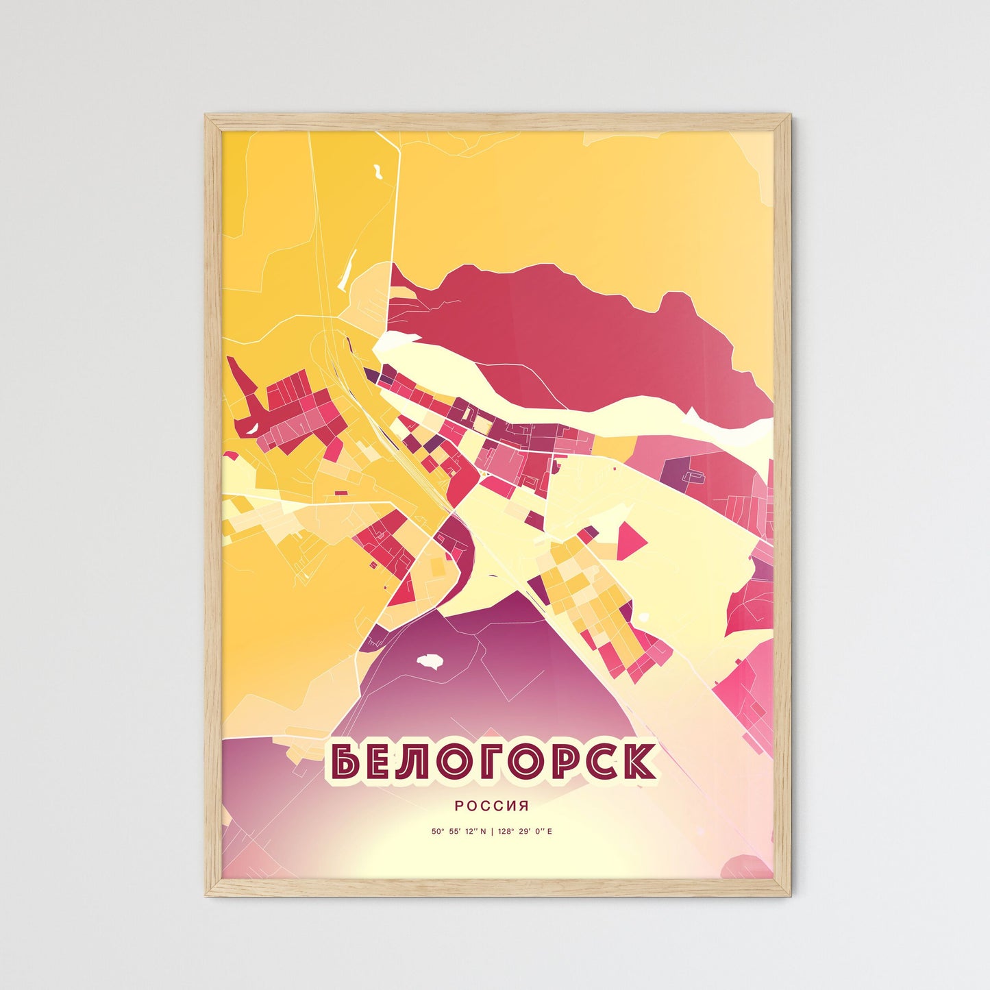 Colorful BELOGORSK RUSSIA Fine Art Map Hot Red