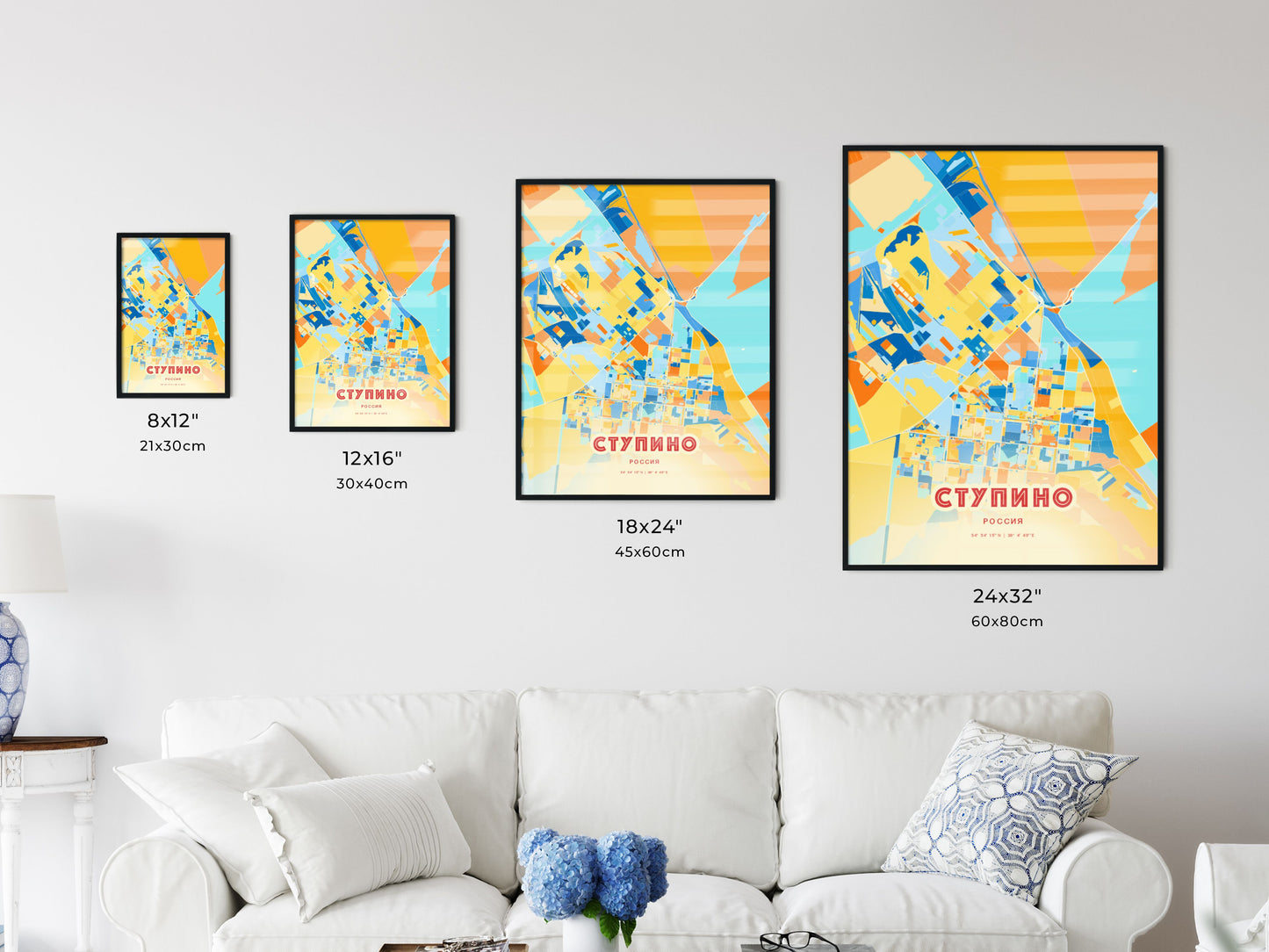 Colorful STUPINO RUSSIA Fine Art Map Blue Orange