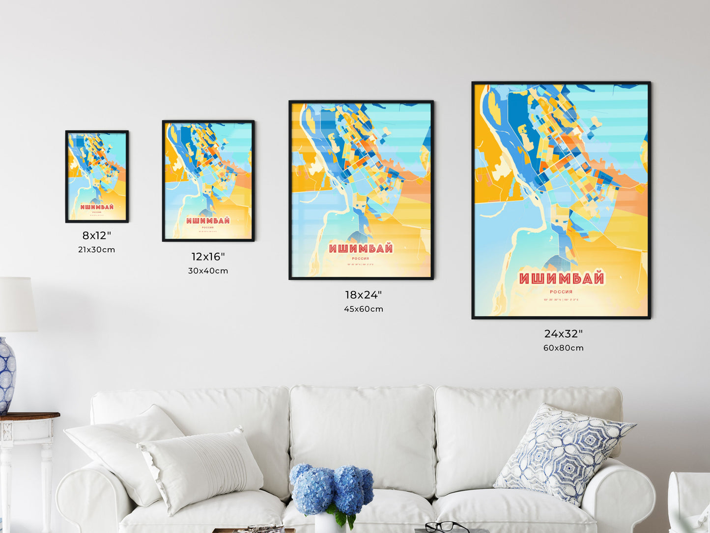 Colorful ISHIMBAY RUSSIA Fine Art Map Blue Orange