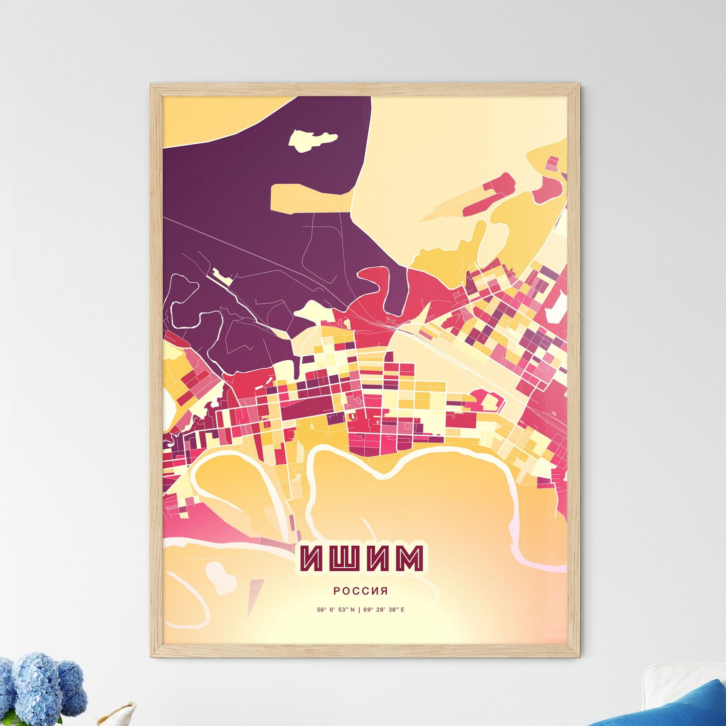 Colorful ISHIM RUSSIA Fine Art Map Hot Red