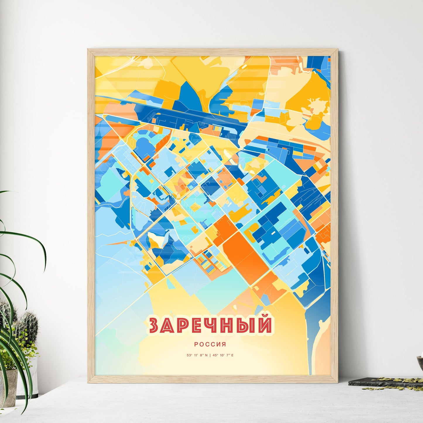 Colorful ZARECHNY RUSSIA Fine Art Map Blue Orange