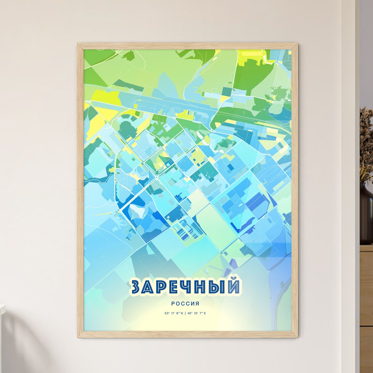 Colorful ZARECHNY RUSSIA Fine Art Map Cool Blue