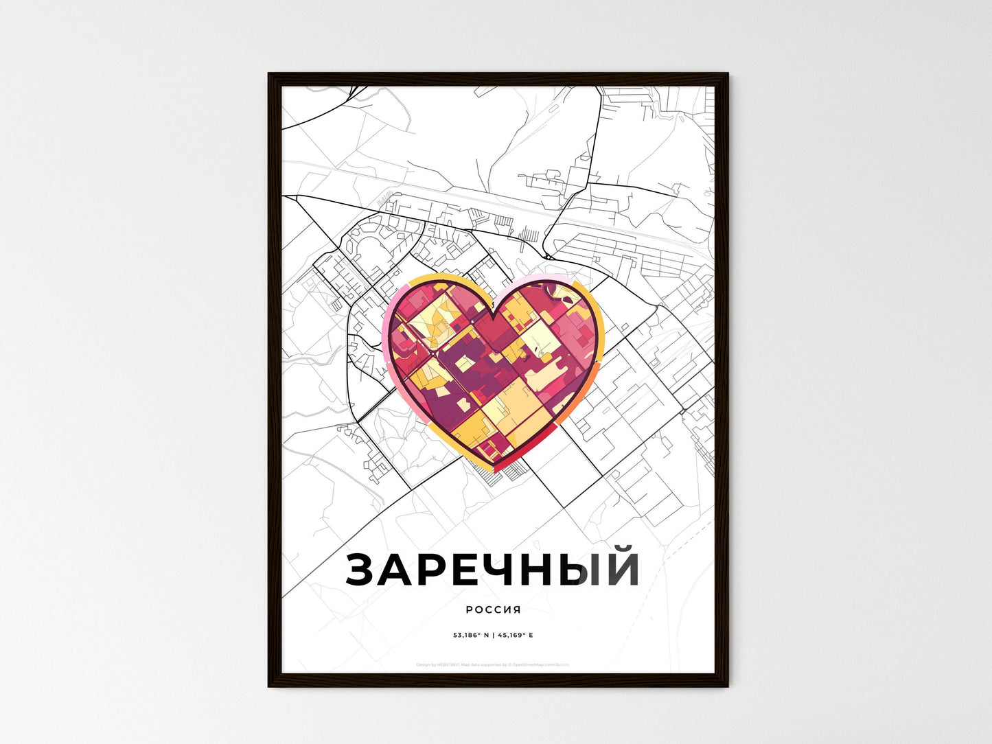 Zarechny Russia wedding art map with heart icon