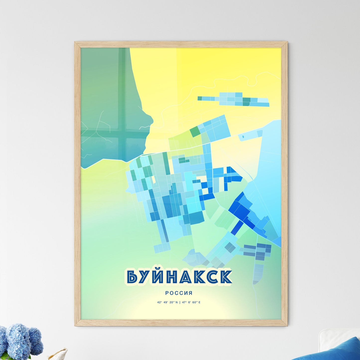 Colorful BUYNAKSK RUSSIA Fine Art Map Cool Blue