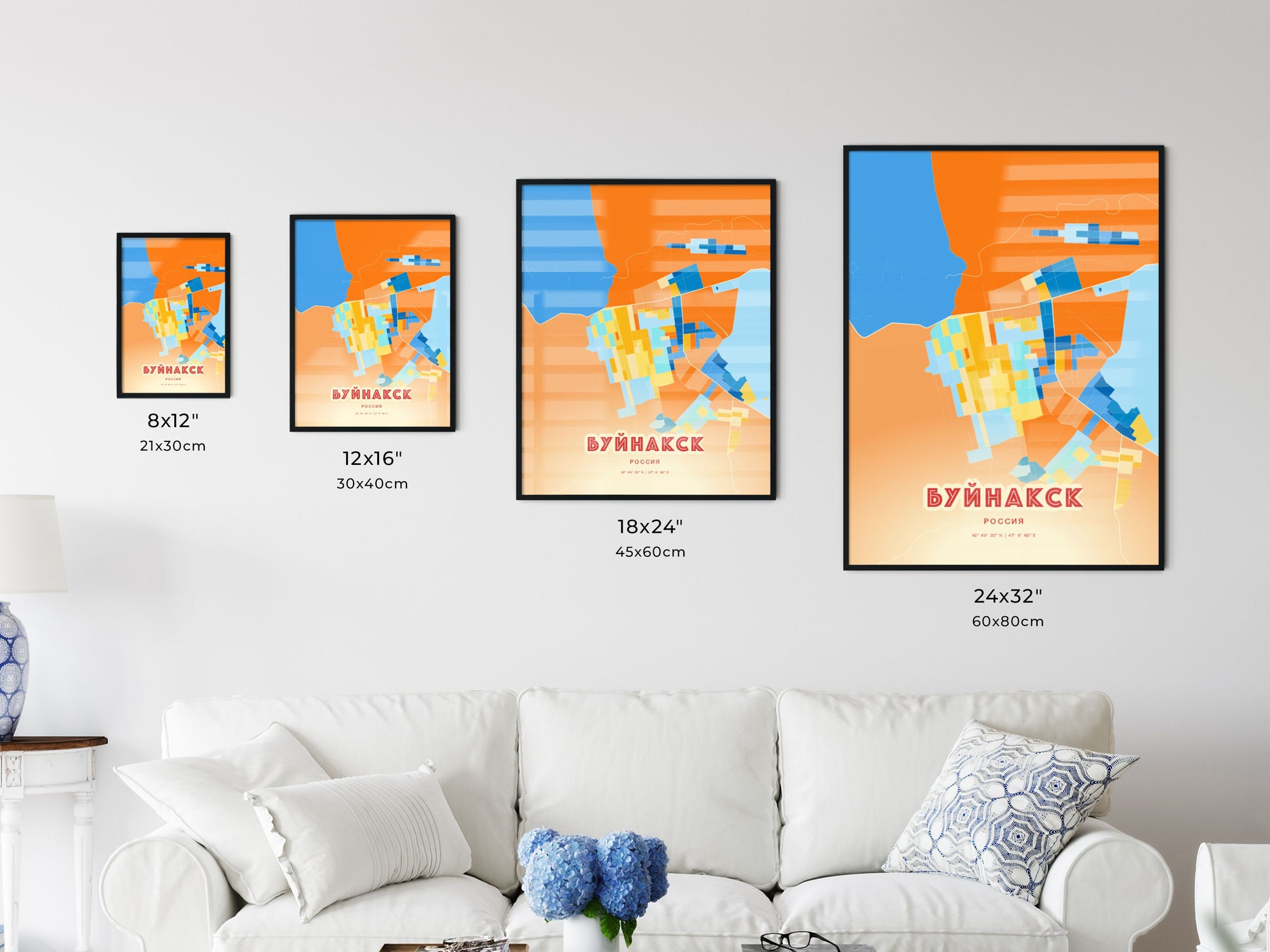 Colorful BUYNAKSK RUSSIA Fine Art Map Blue Orange