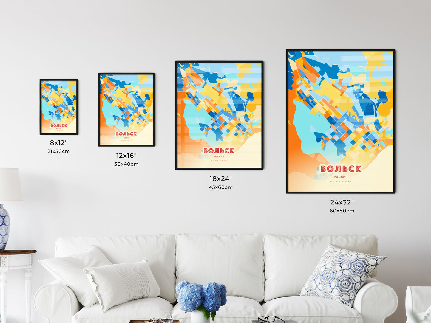 Colorful VOLSK RUSSIA Fine Art Map Blue Orange