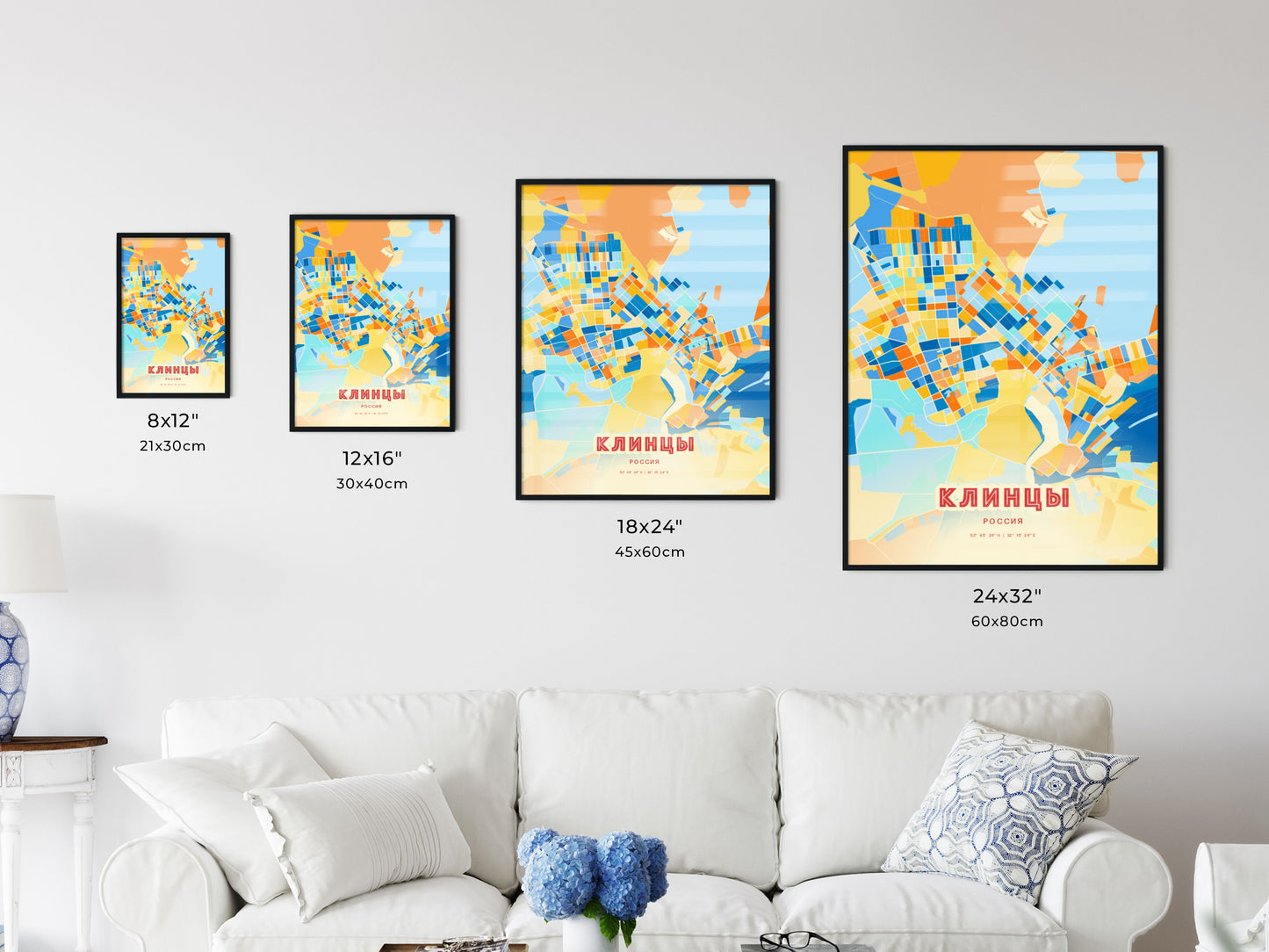 Colorful KLINTSY RUSSIA Fine Art Map Blue Orange