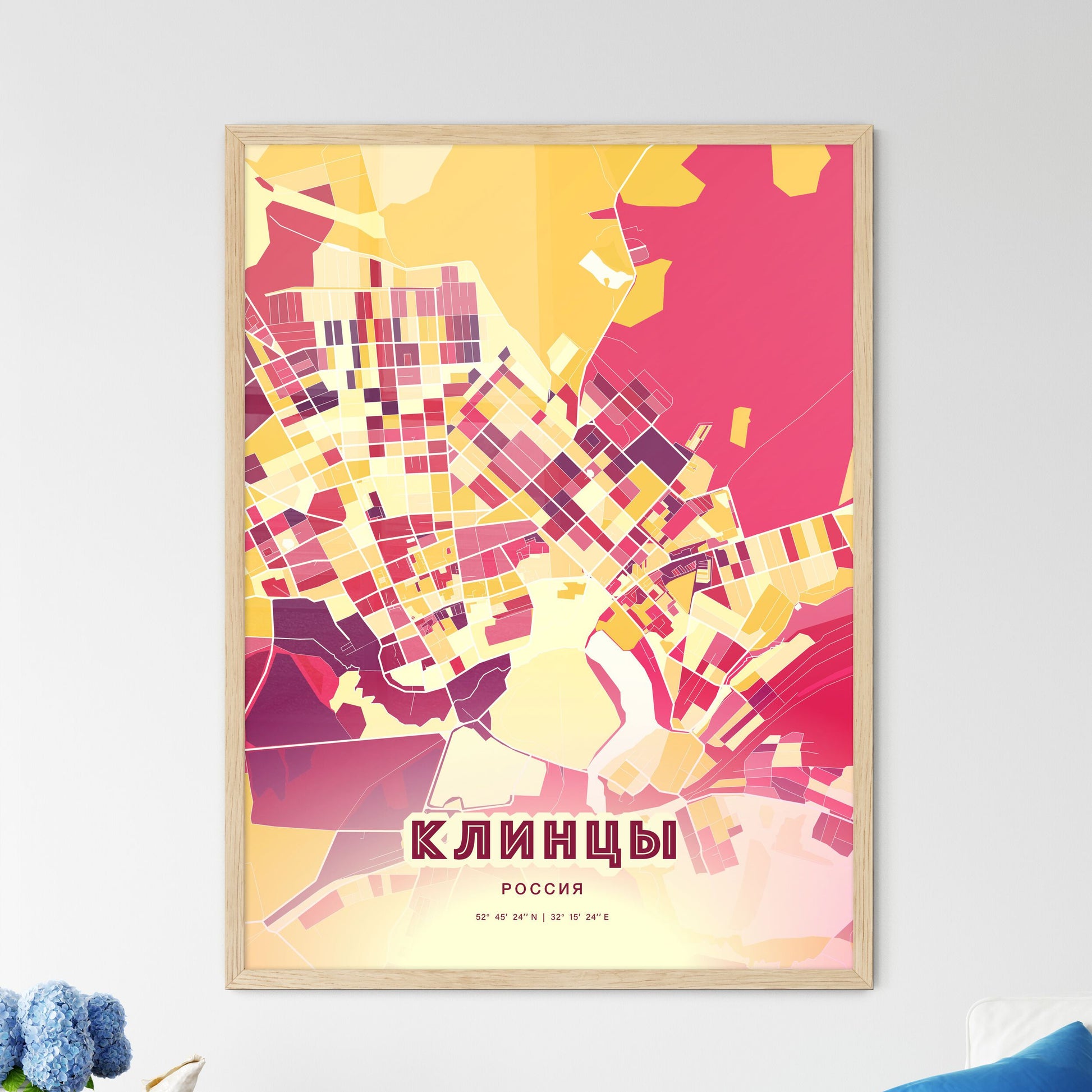 Colorful KLINTSY RUSSIA Fine Art Map Hot Red