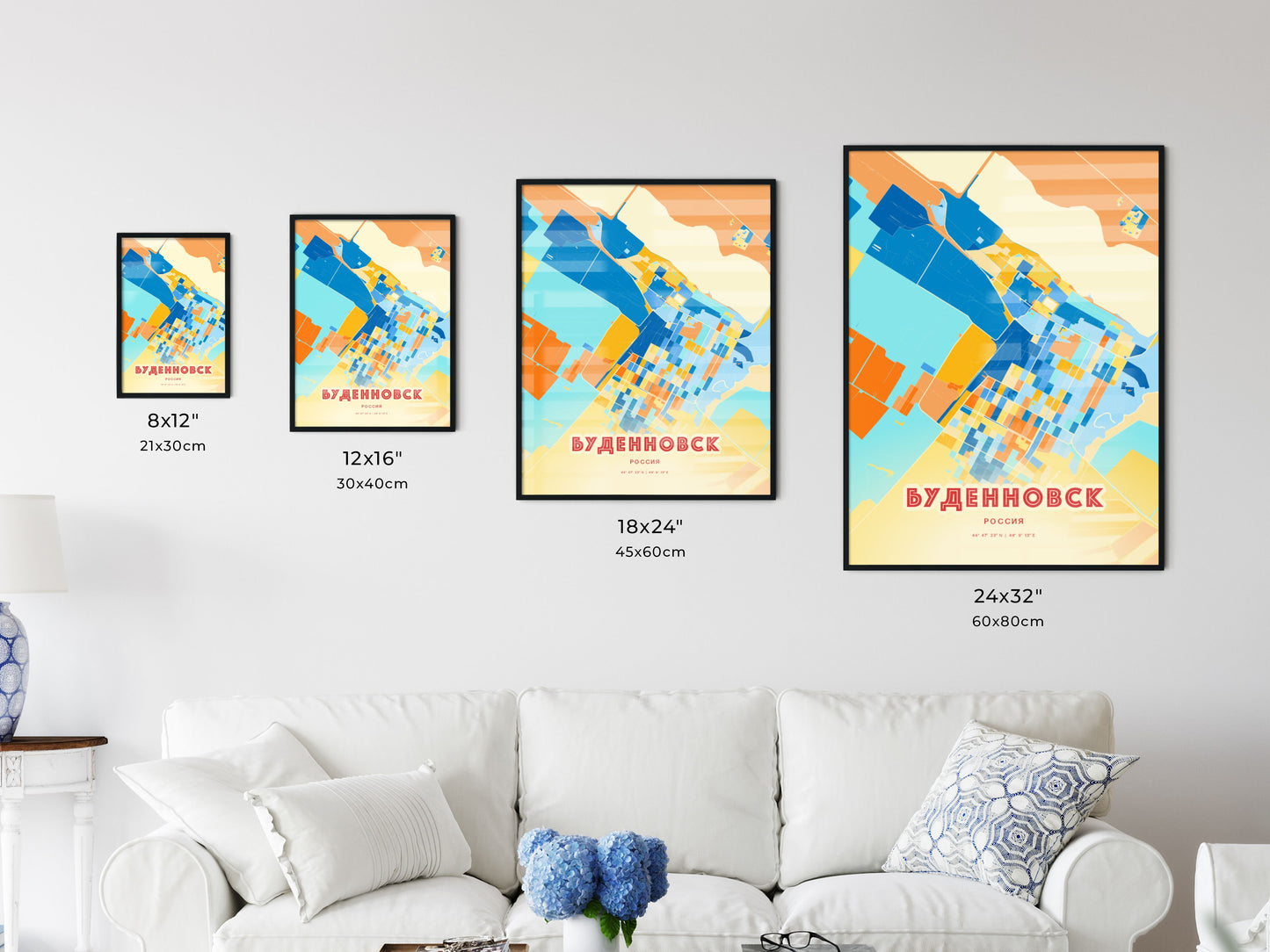 Colorful BUDYONNOVSK RUSSIA Fine Art Map Blue Orange