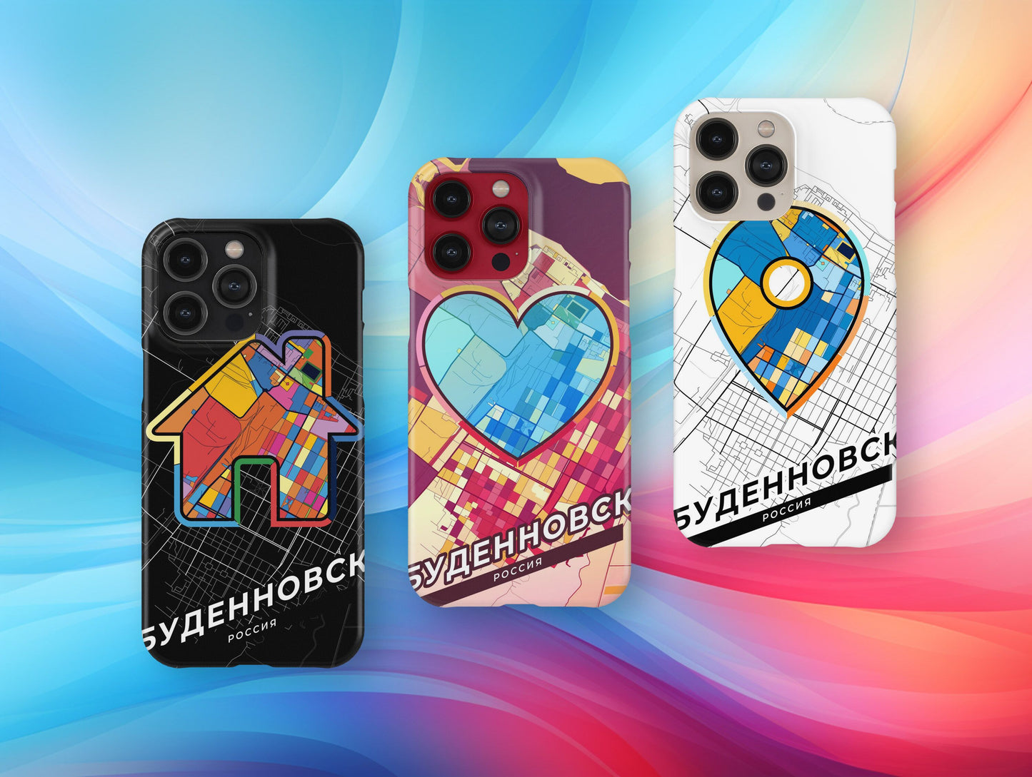 Budyonnovsk Russia slim phone case with colorful icon. Birthday, wedding or housewarming gift. Couple match cases.