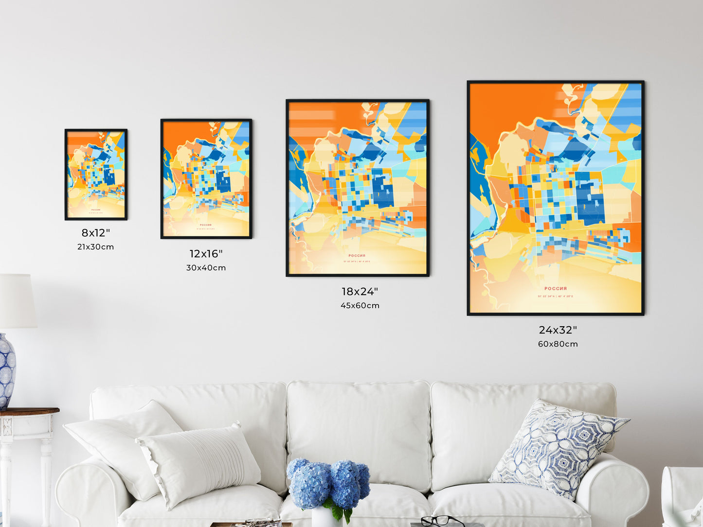 Colorful BORISOGLEBSK RUSSIA Fine Art Map Blue Orange