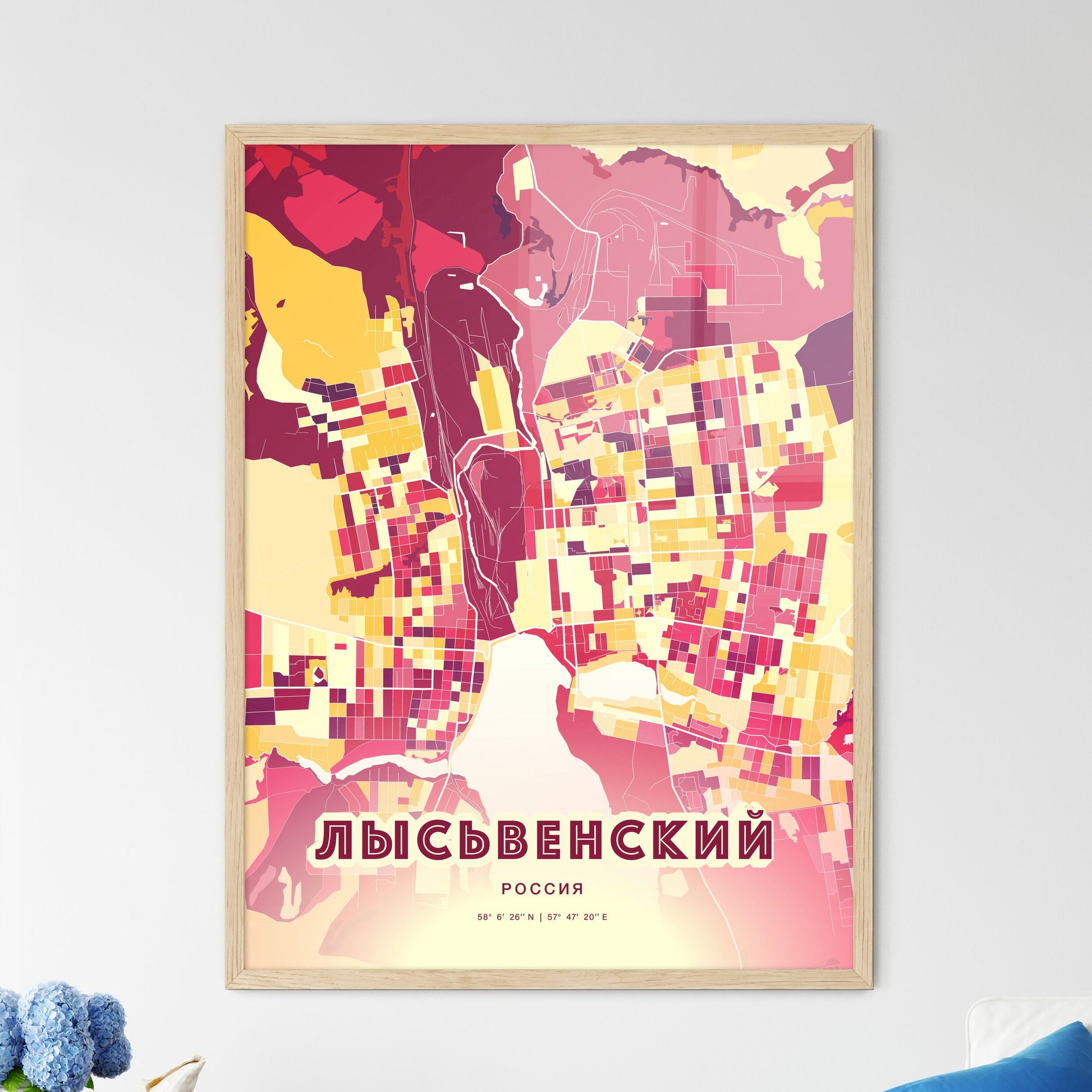 Colorful LYSVA RUSSIA Fine Art Map Hot Red