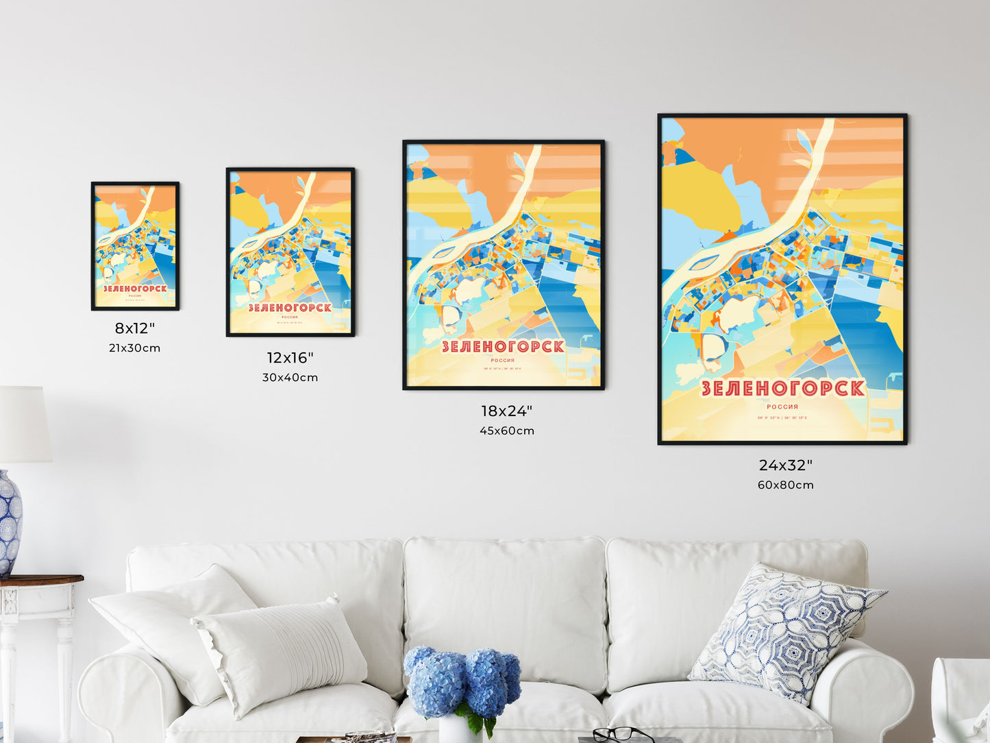 Colorful ZELENOGORSK RUSSIA Fine Art Map Blue Orange