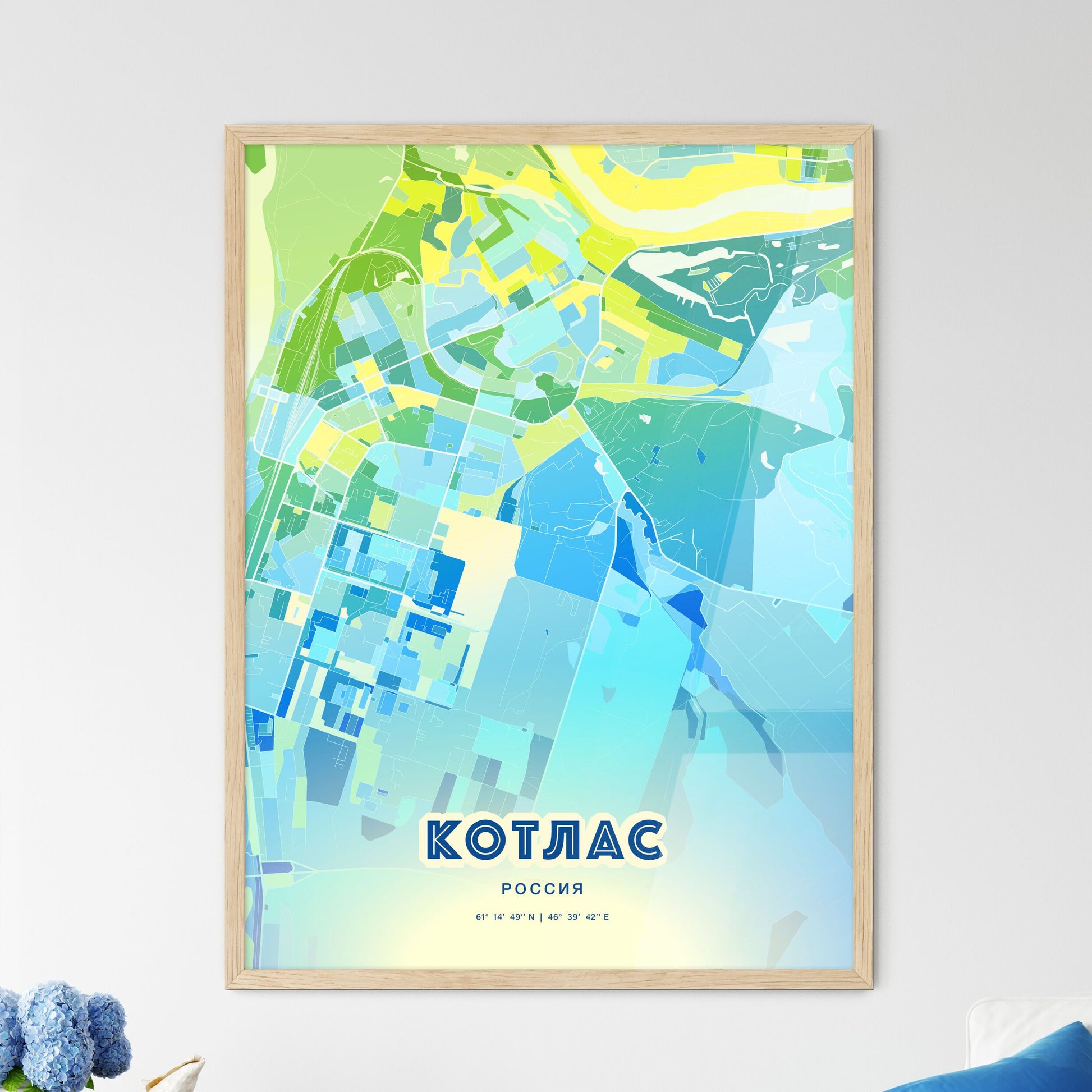 Colorful KOTLAS RUSSIA Fine Art Map Cool Blue