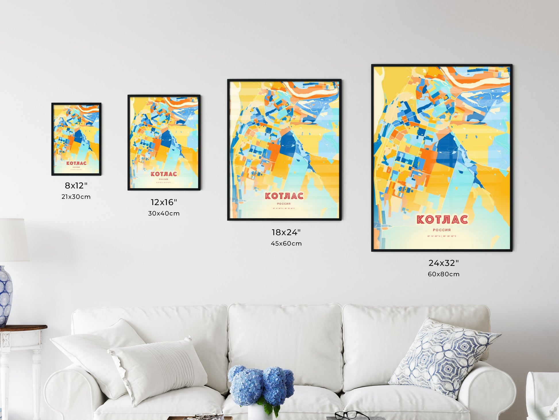 Colorful KOTLAS RUSSIA Fine Art Map Blue Orange