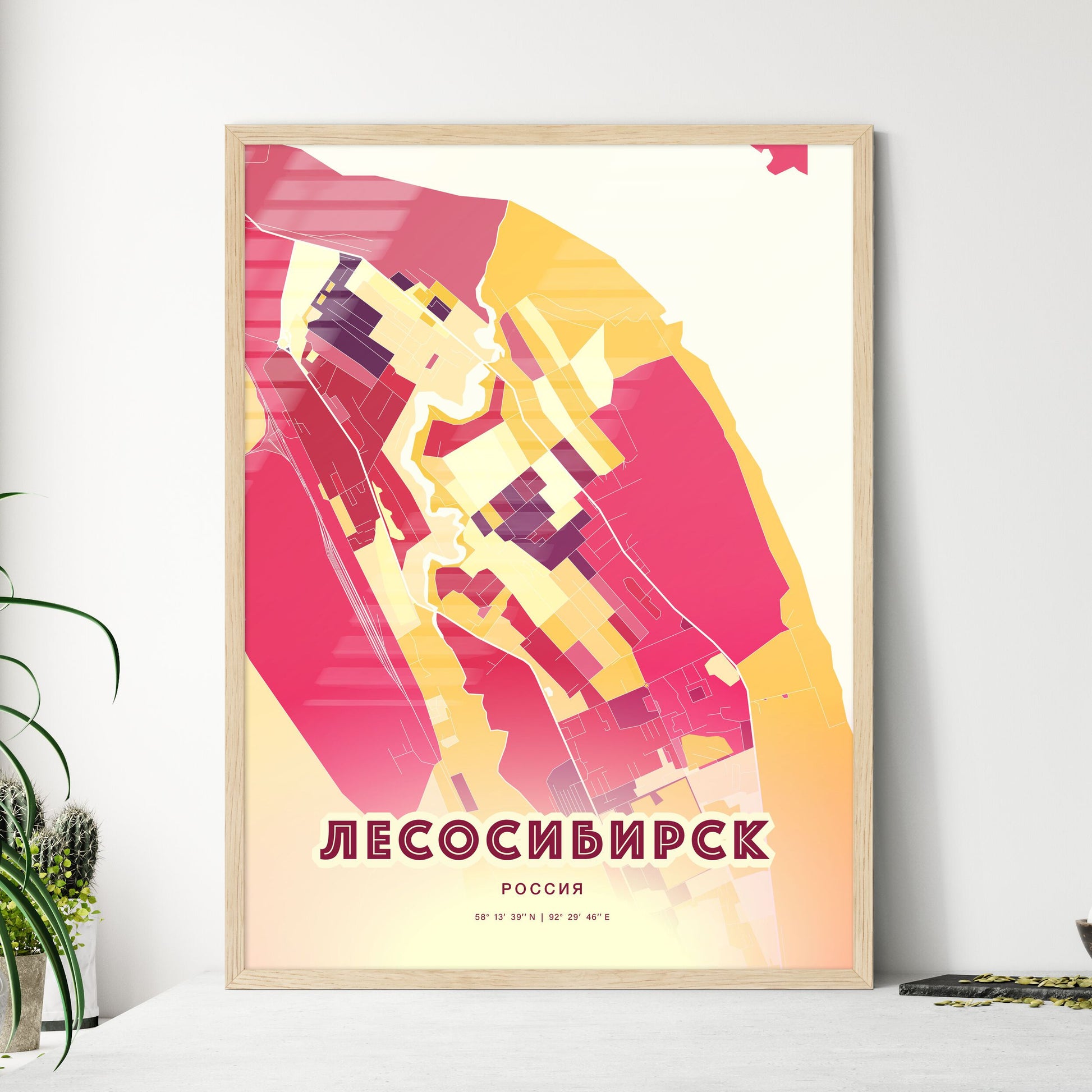 Colorful LESOSIBIRSK RUSSIA Fine Art Map Hot Red