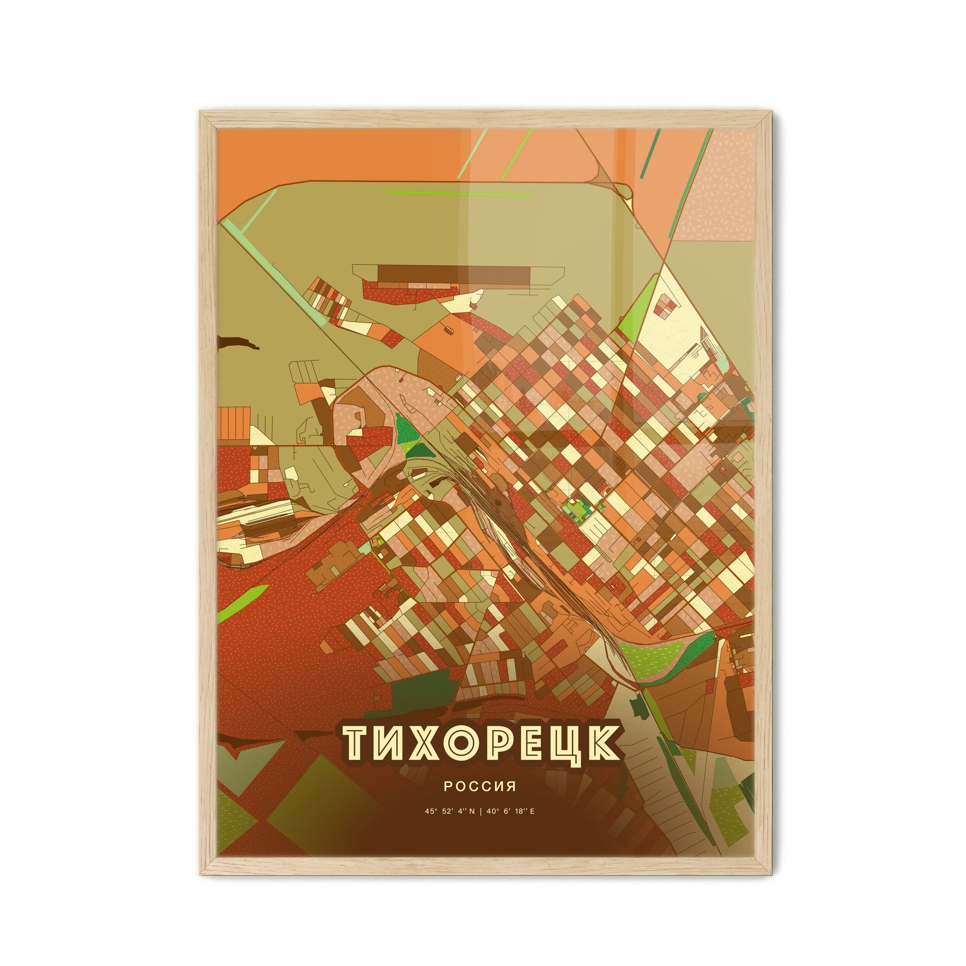 Colorful TIKHORETSK RUSSIA Fine Art Map Farmhouse