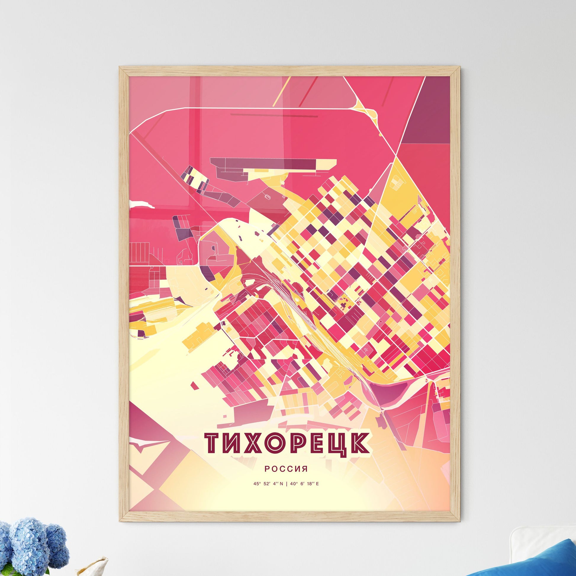 Colorful TIKHORETSK RUSSIA Fine Art Map Hot Red