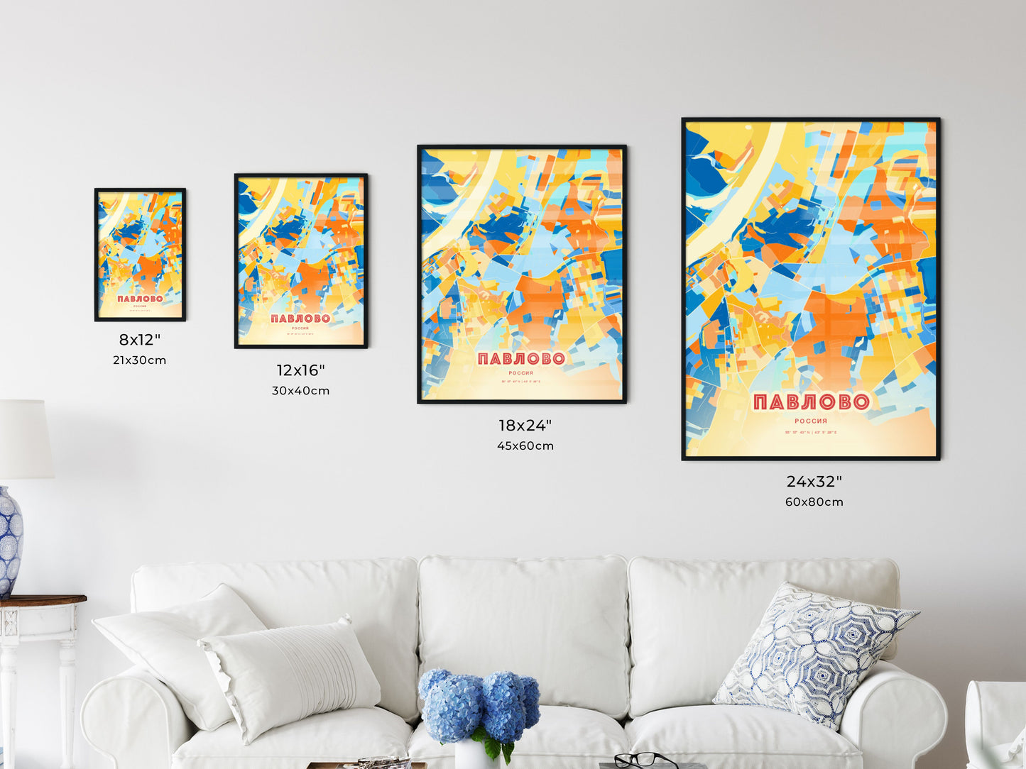 Colorful PAVLOVO RUSSIA Fine Art Map Blue Orange