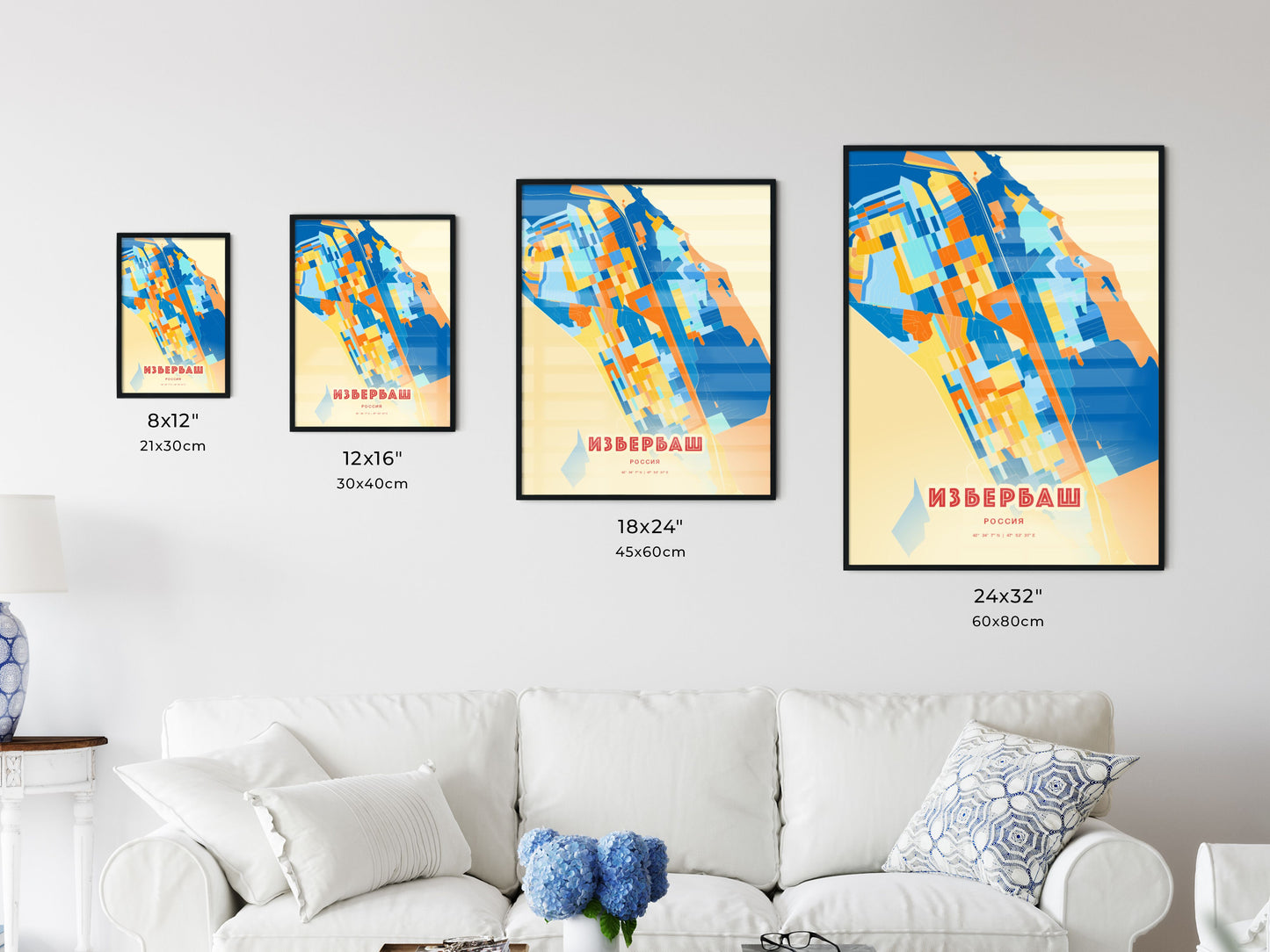 Colorful IZBERBASH RUSSIA Fine Art Map Blue Orange