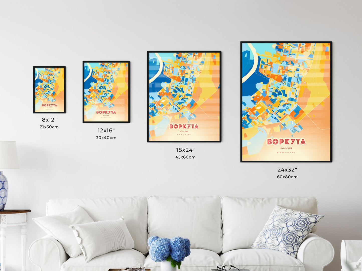 Colorful VORKUTA RUSSIA Fine Art Map Blue Orange