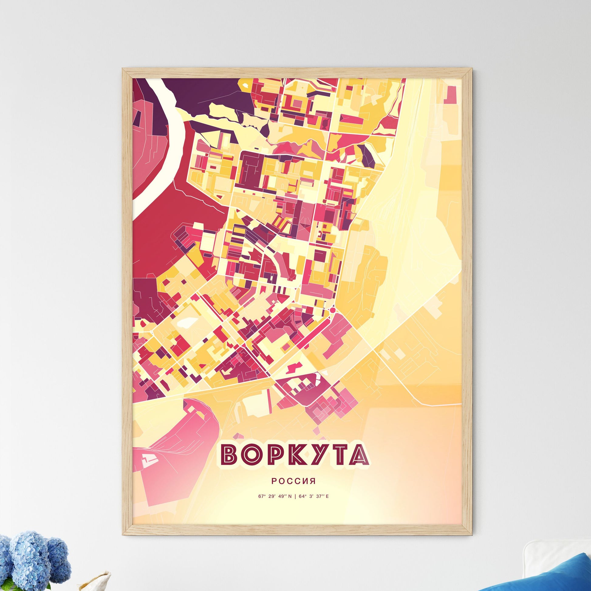 Colorful VORKUTA RUSSIA Fine Art Map Hot Red