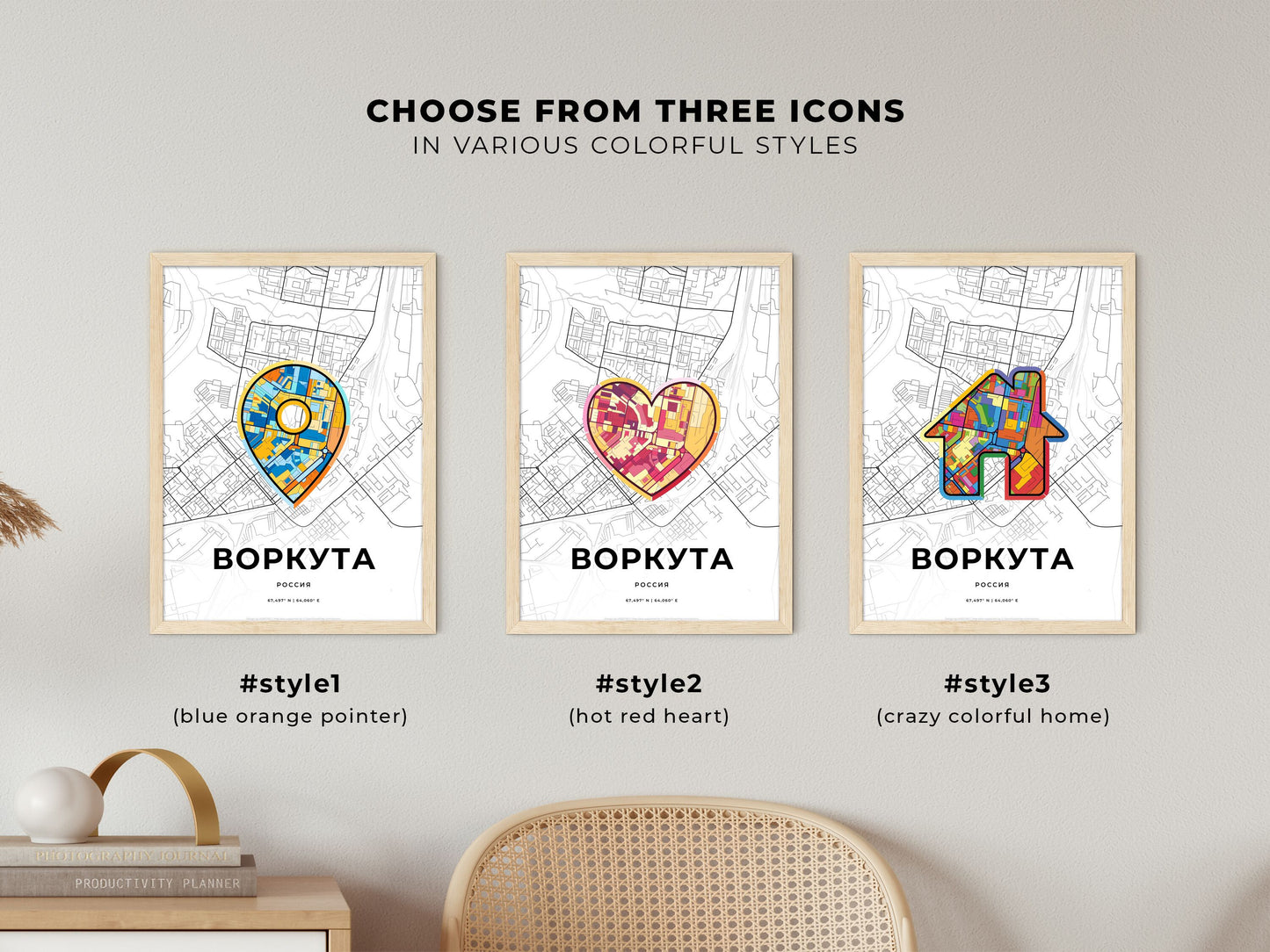 Vorkuta Russia maps with colorful icons