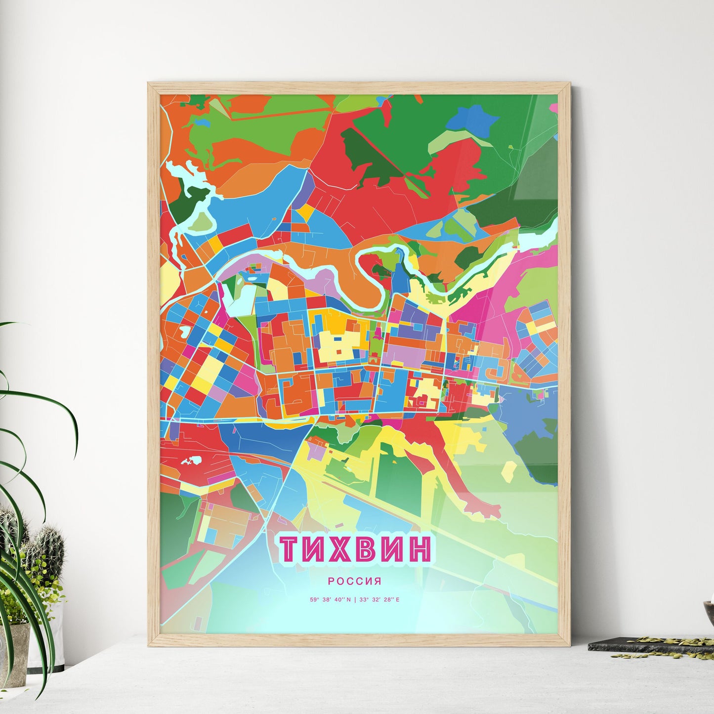 Colorful TIKHVIN RUSSIA Fine Art Map Crazy Colors