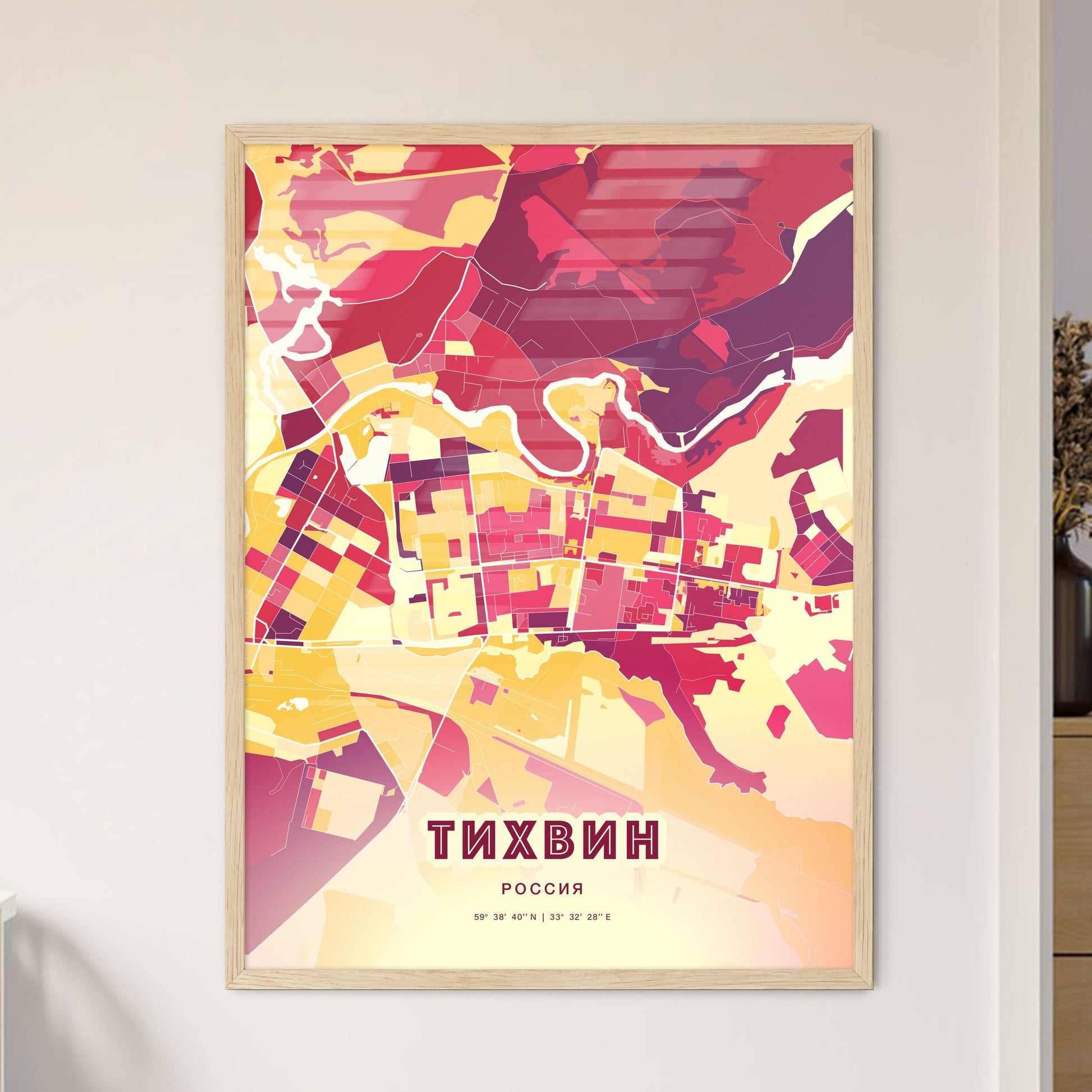 Colorful TIKHVIN RUSSIA Fine Art Map Hot Red